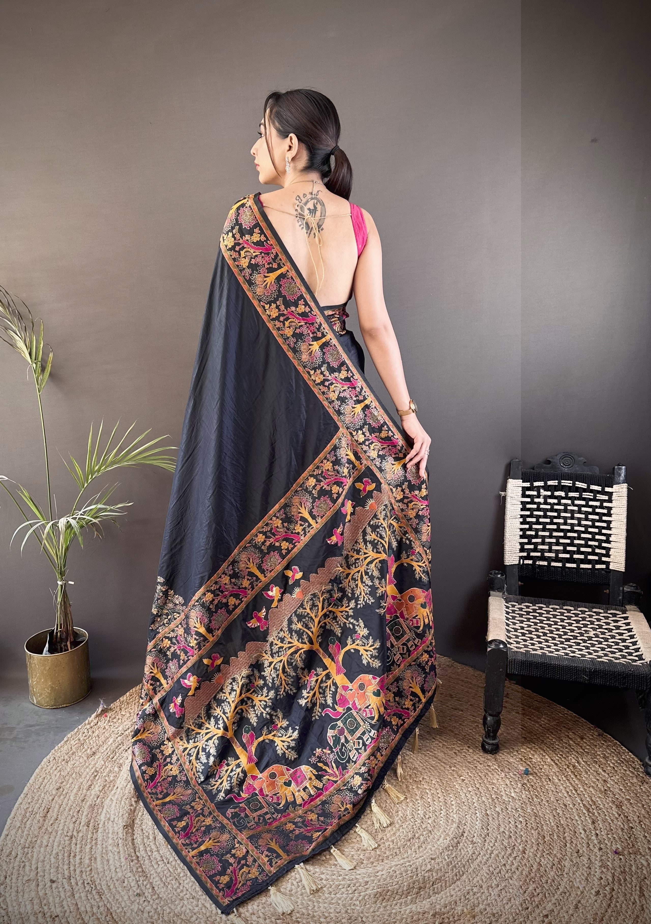 Black Pashmina Kashmiri Saree