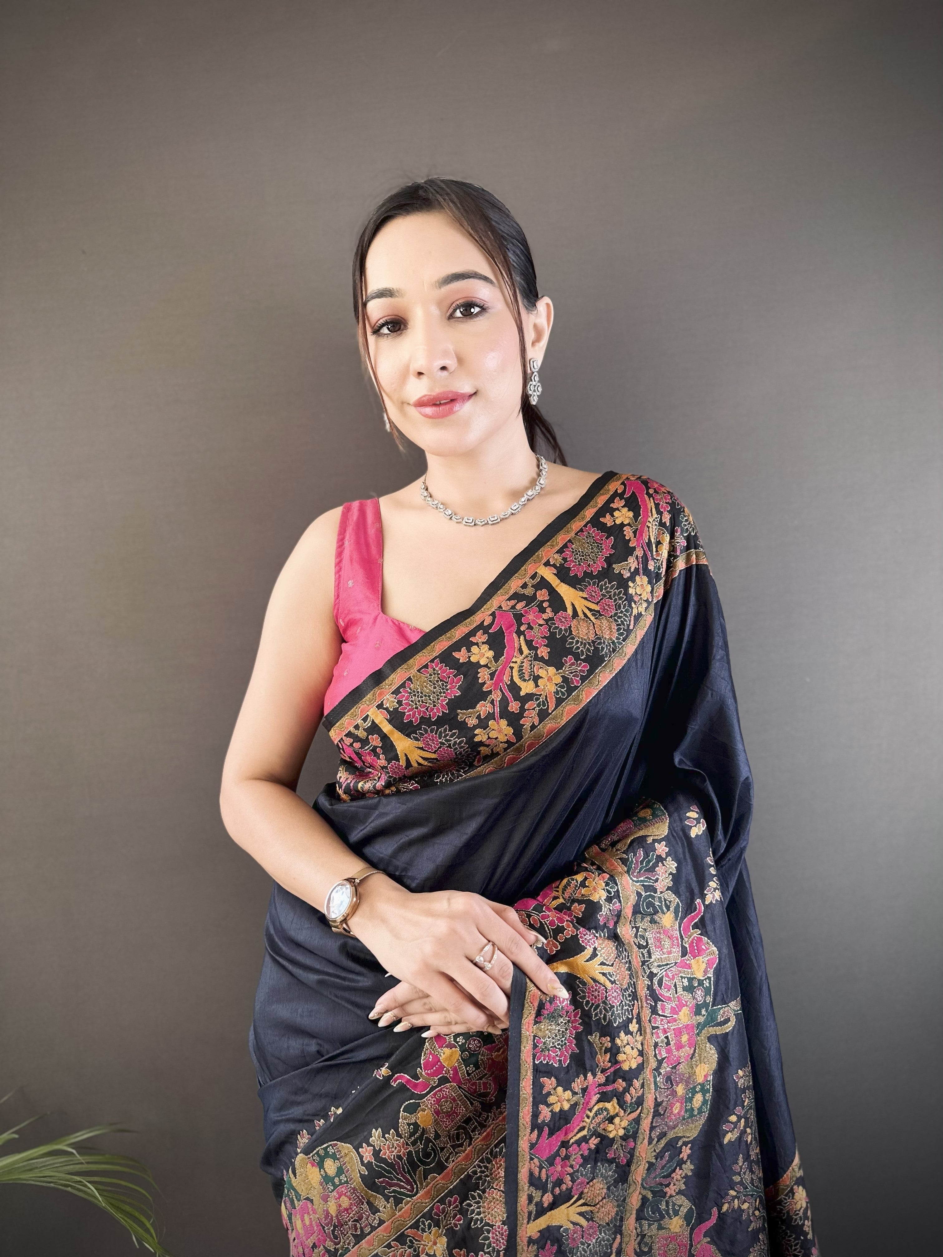 Black Pashmina Kashmiri Saree