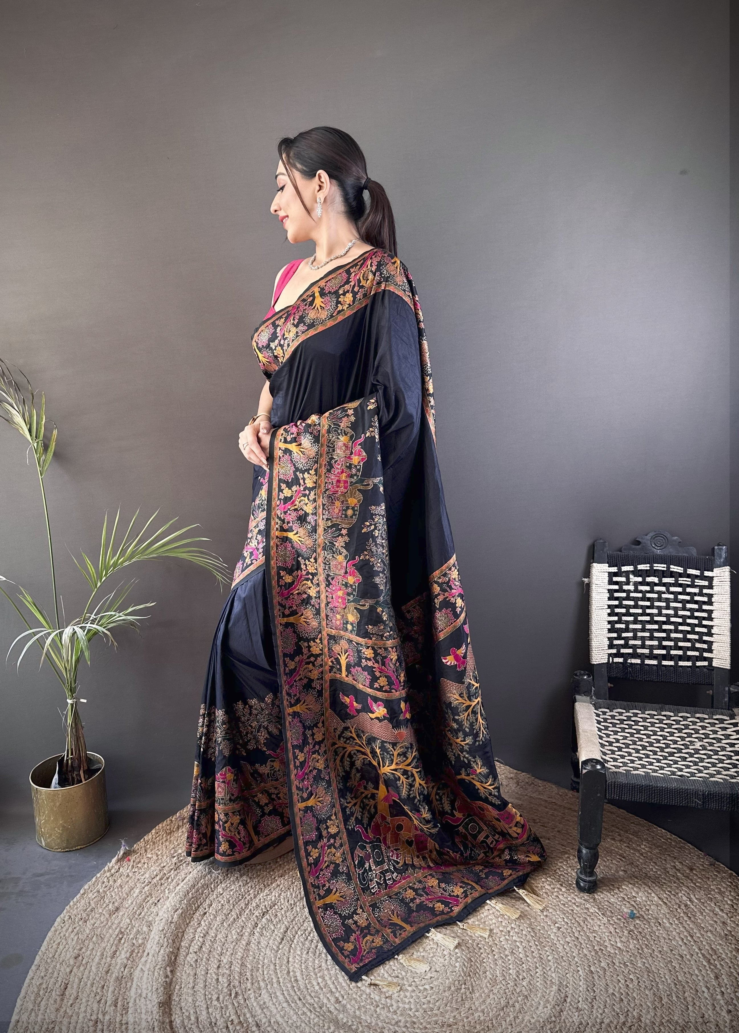 Black Pashmina Kashmiri Saree