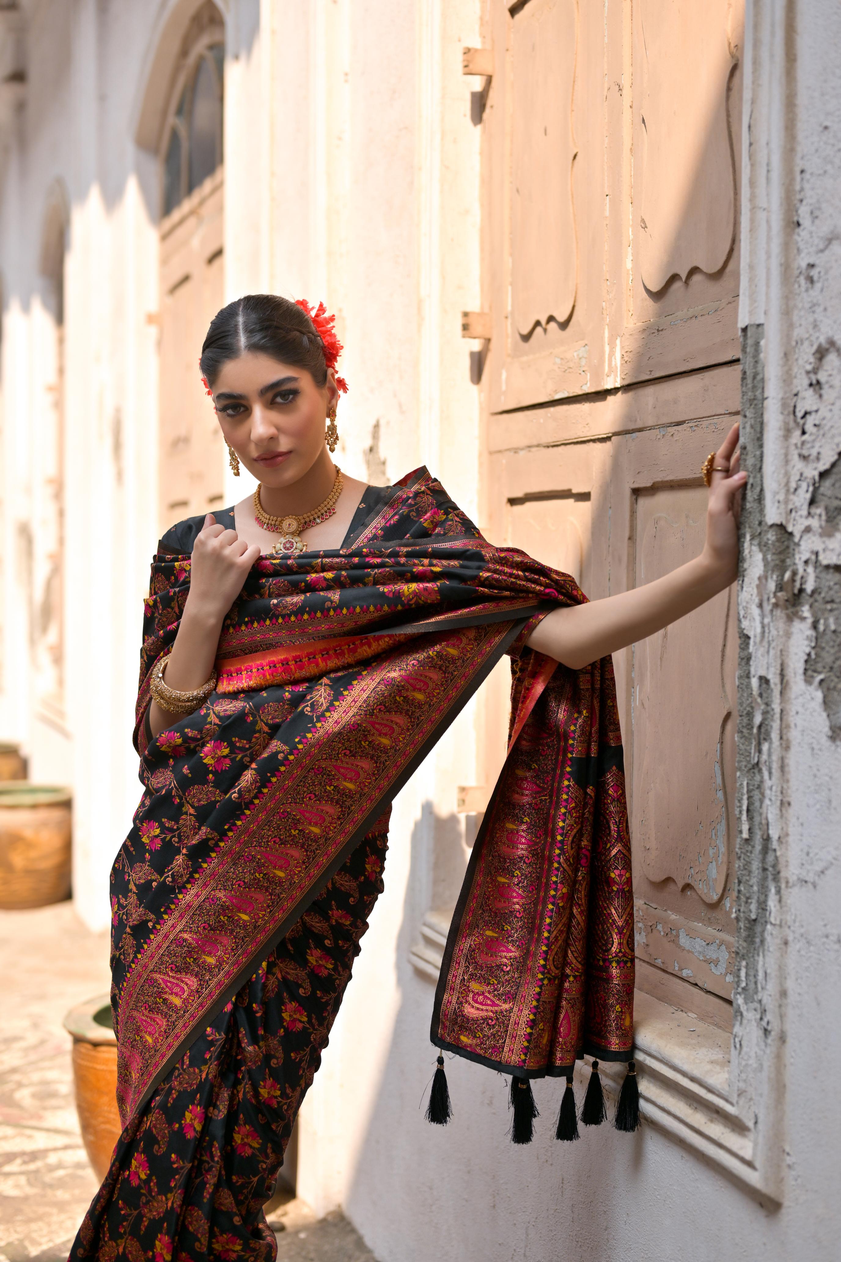 Black Pashmina Silk Saree