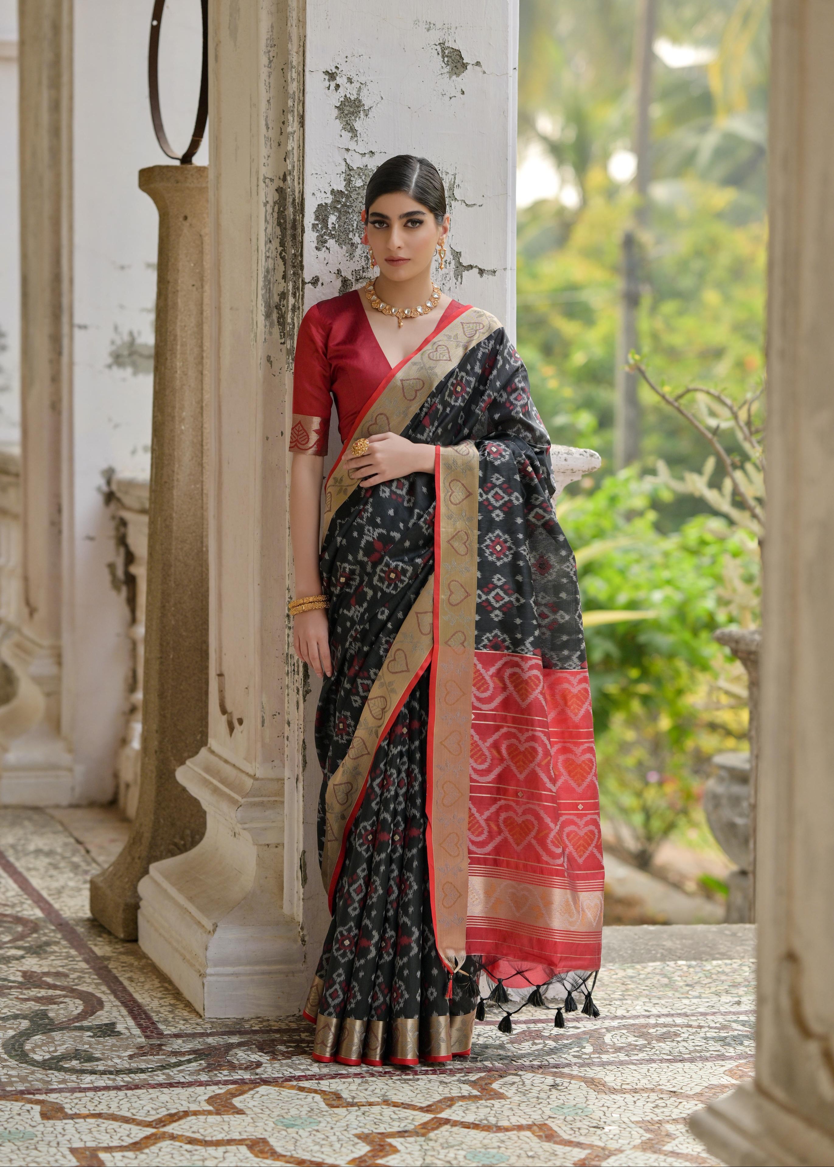 Black Pochampali Ikkat Raw Silk Saree
