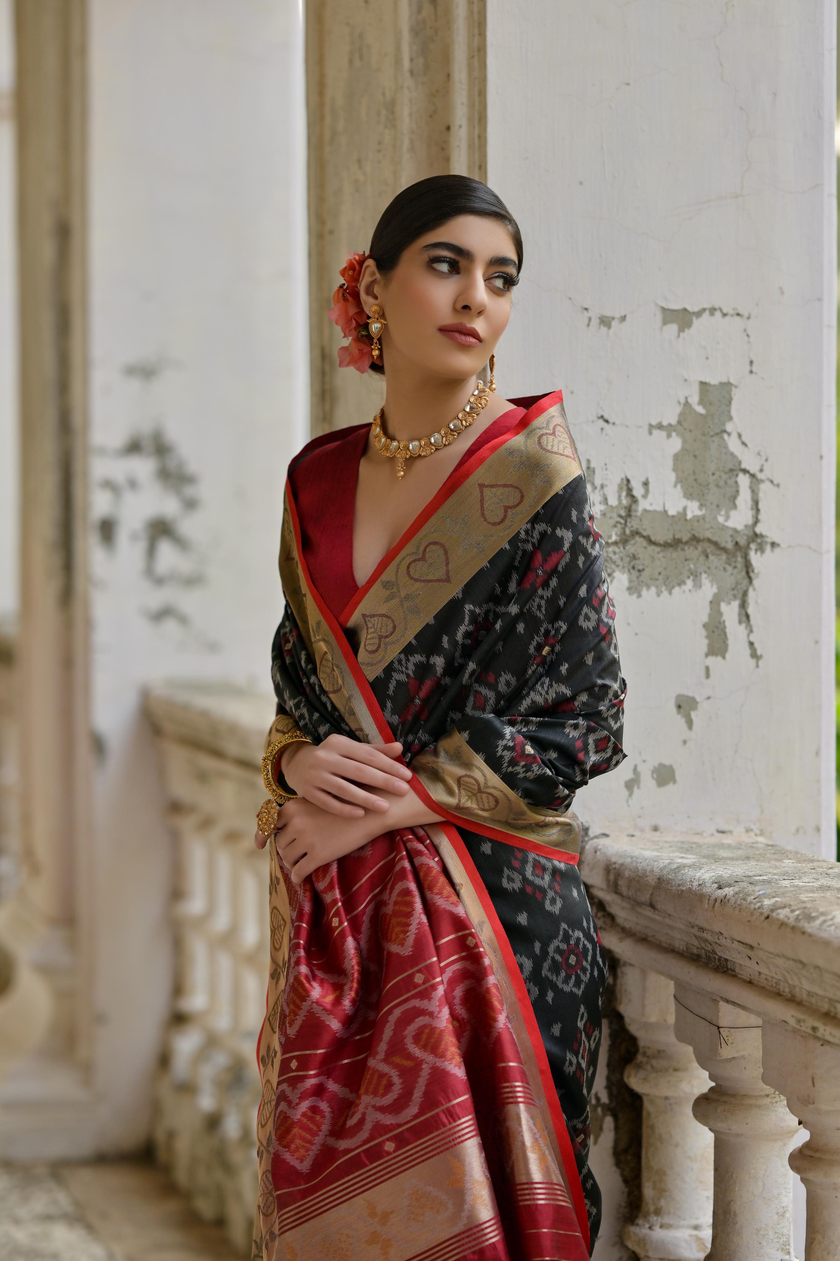Black Pochampali Ikkat Raw Silk Saree