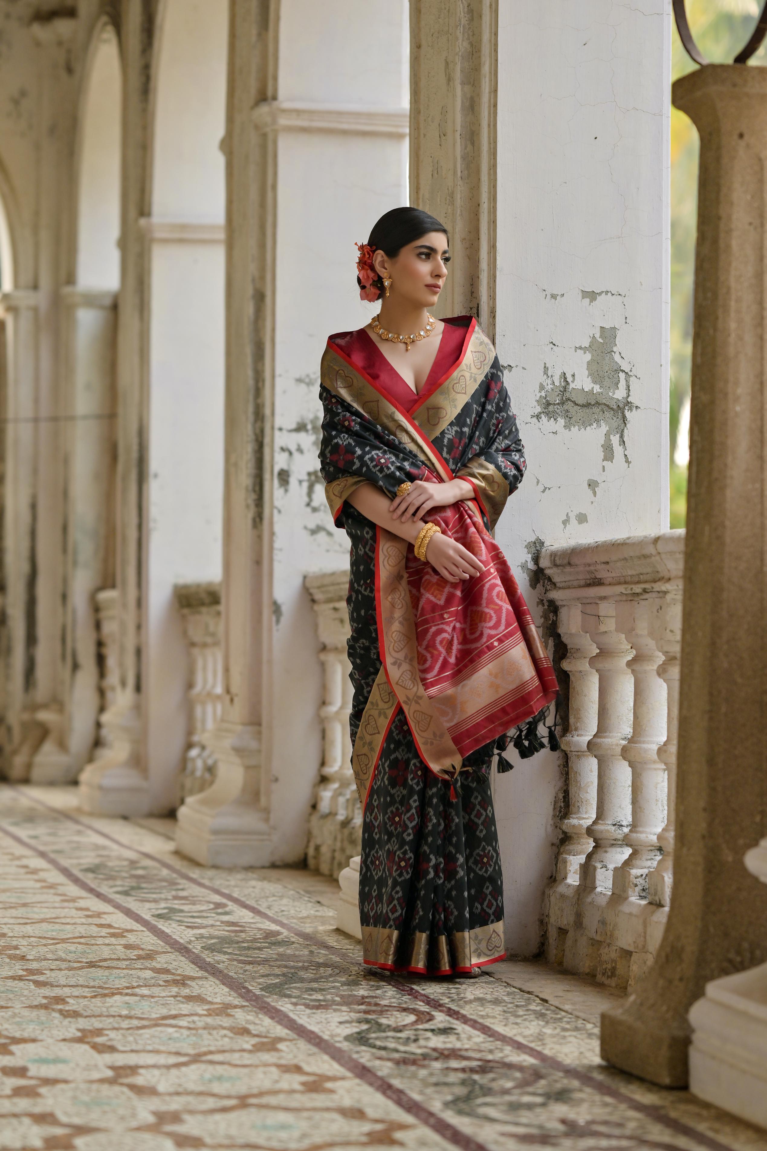 Black Pochampali Ikkat Raw Silk Saree