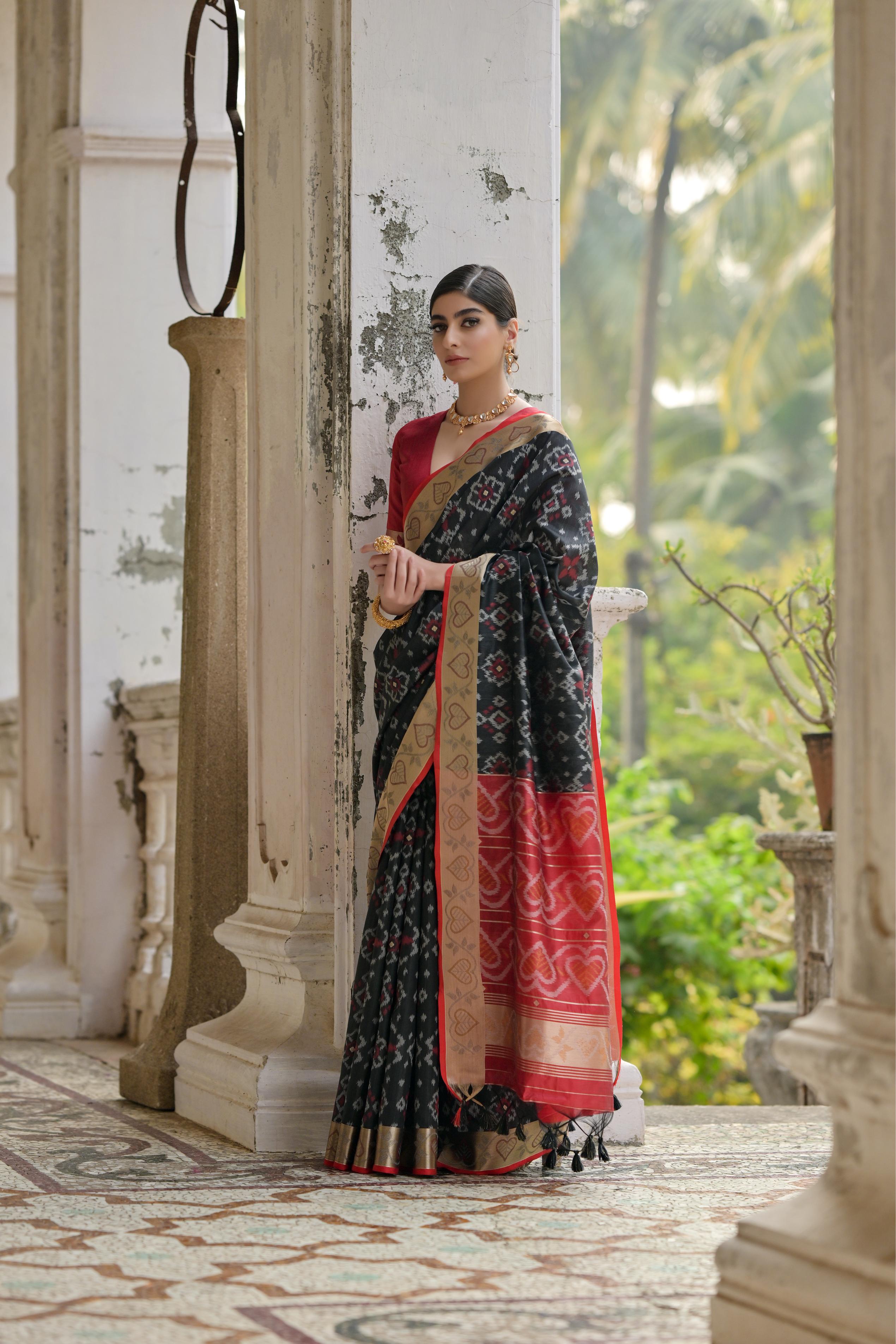 Black Pochampali Ikkat Raw Silk Saree