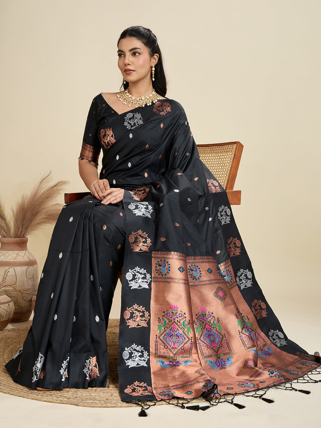 Black Pure Soft Kanjivaram Paithani Silk Saree