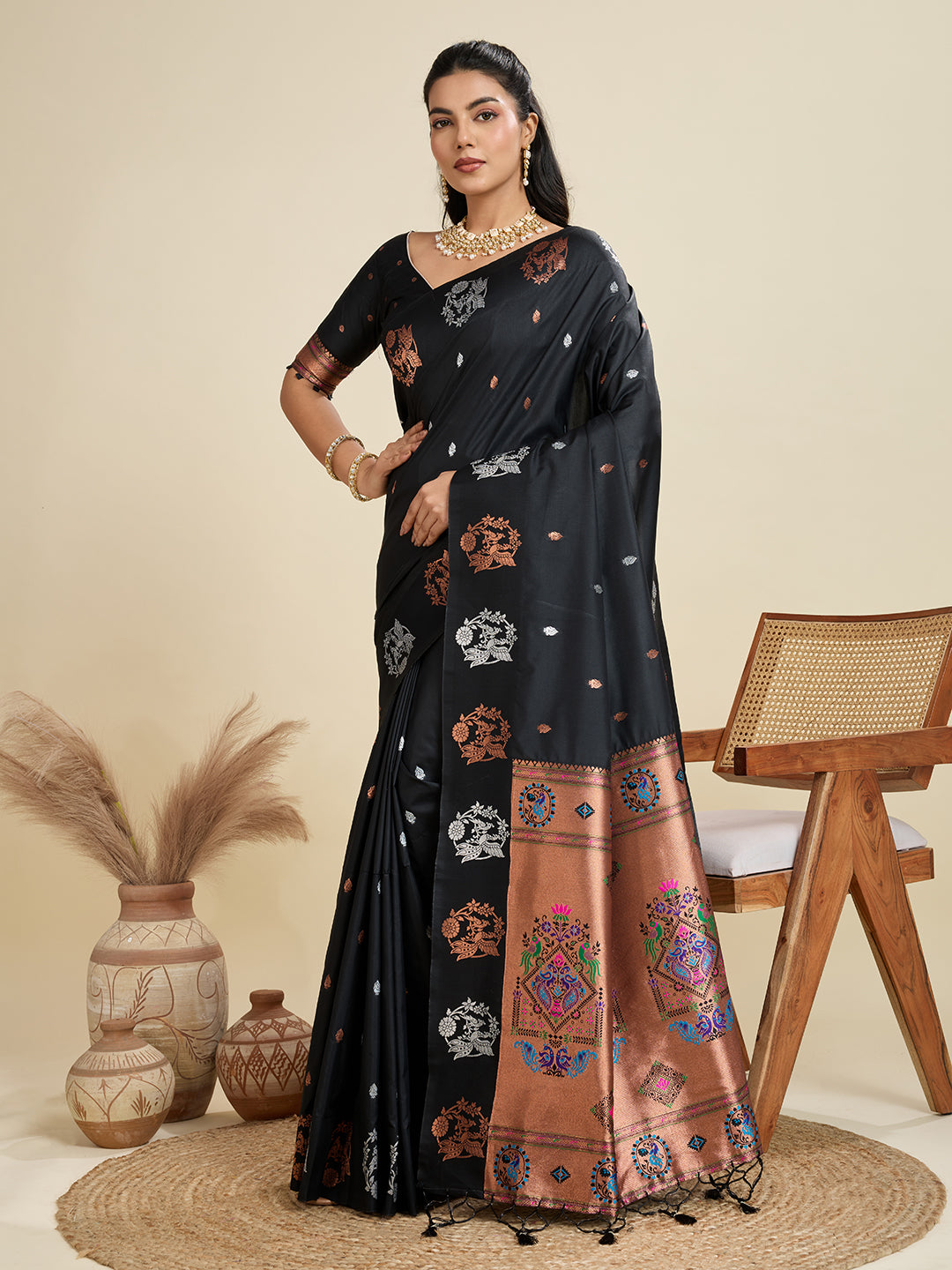 Black Pure Soft Kanjivaram Paithani Silk Saree