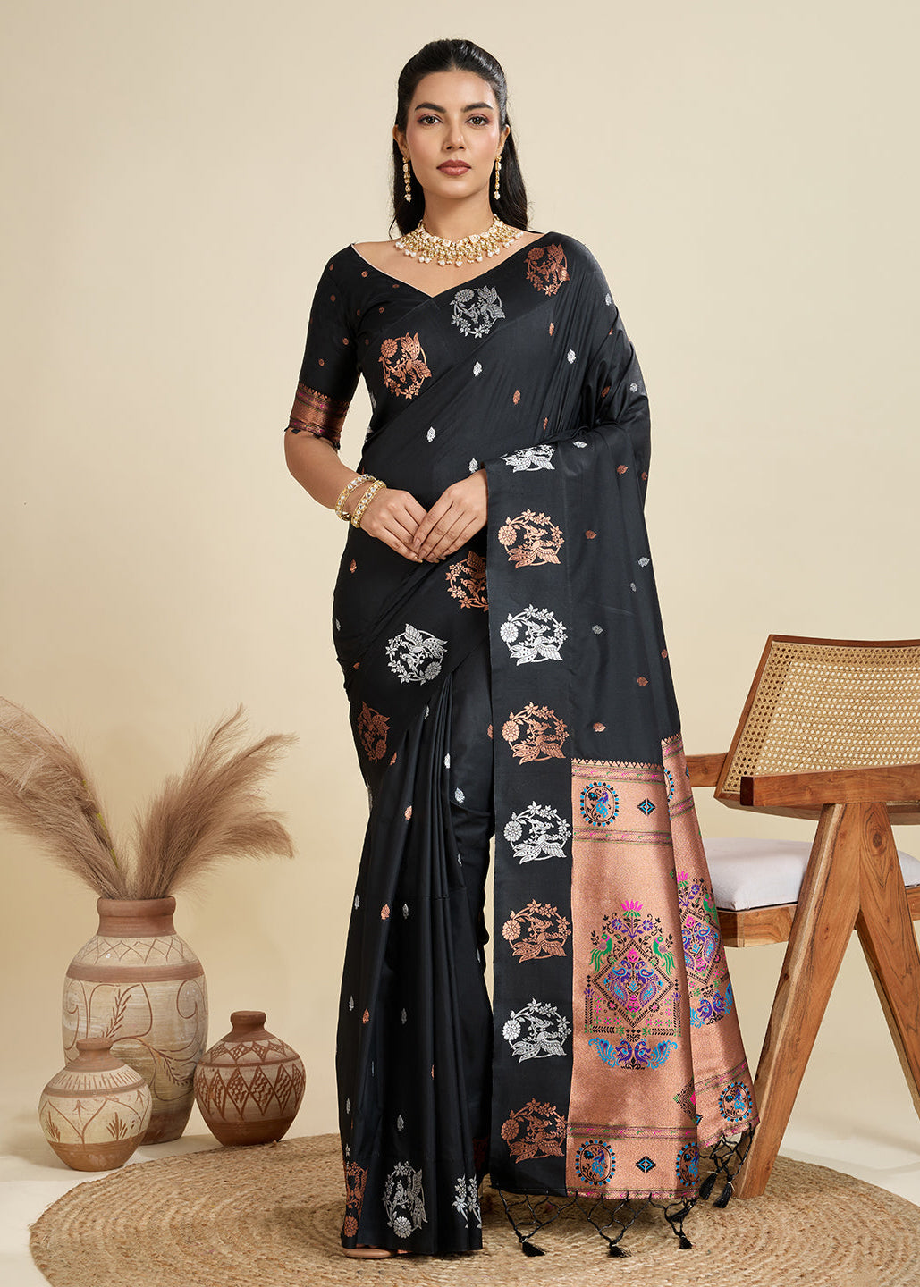 Black Pure Soft Kanjivaram Paithani Silk Saree
