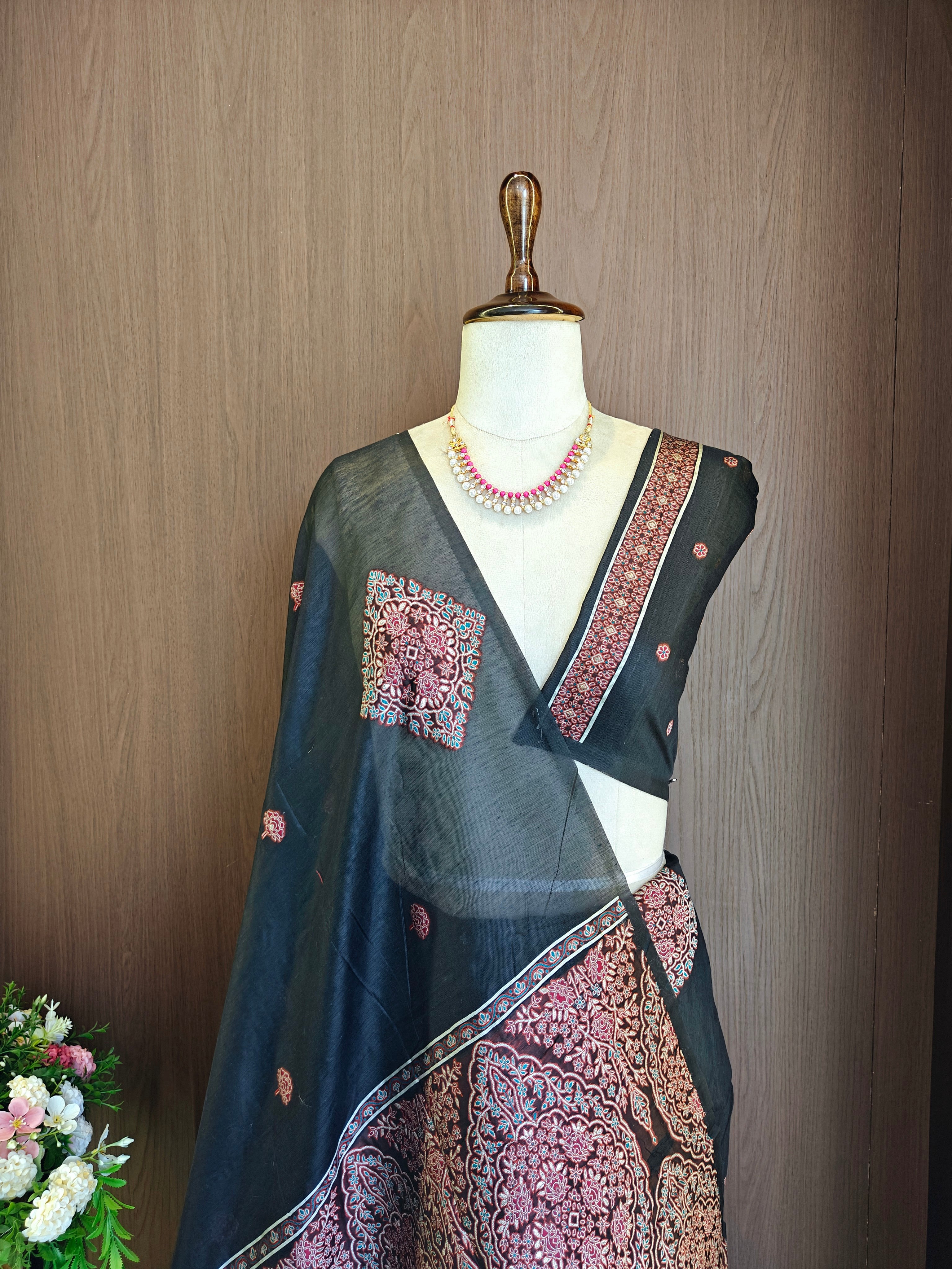 Black Resham Woven Muga Cotton Saree