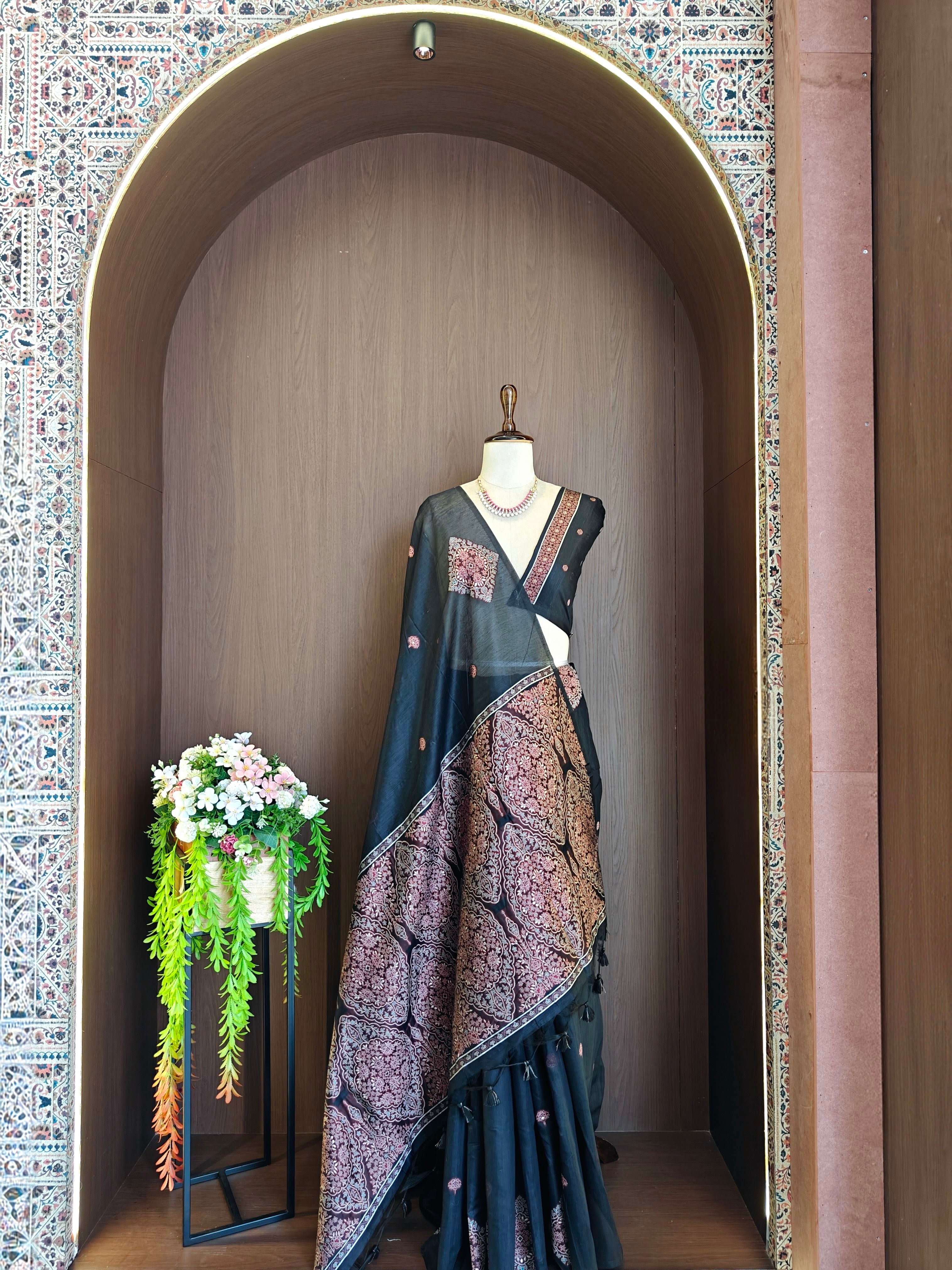 Black Resham Woven Muga Cotton Saree