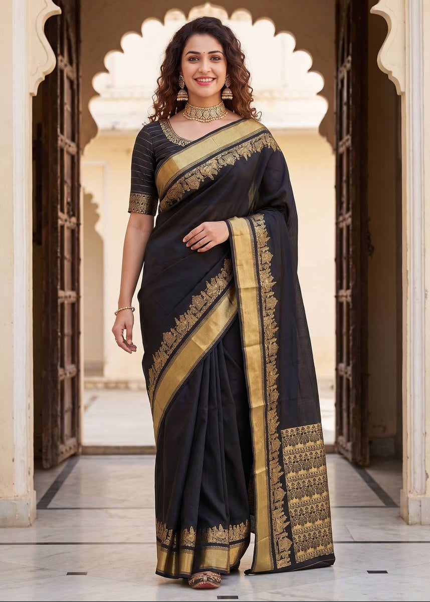 Black Traditional Lichi Silk Saree
