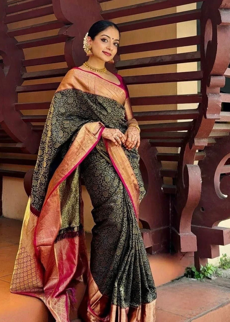 Black Traditional Lichi Silk Saree
