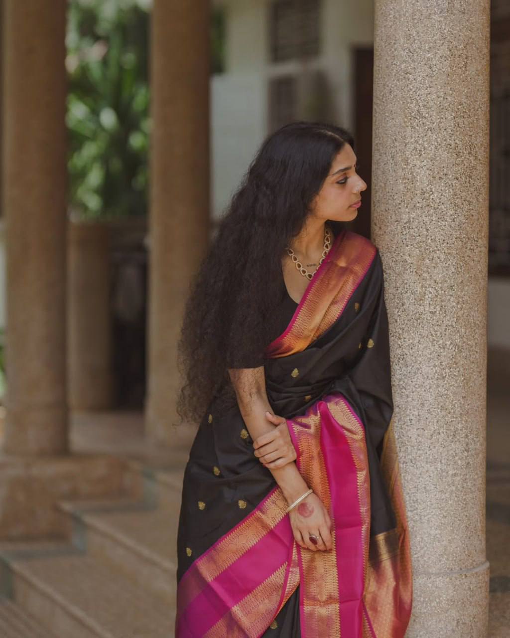 Black Traditional Lichi Silk Saree