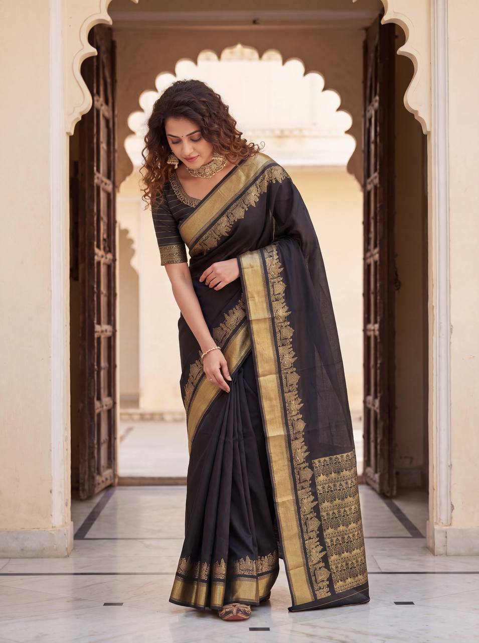 Black Traditional Lichi Silk Saree