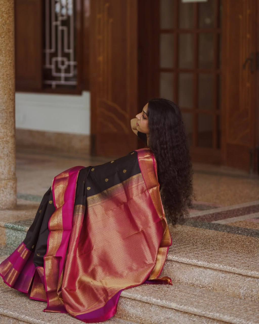 Black Traditional Lichi Silk Saree
