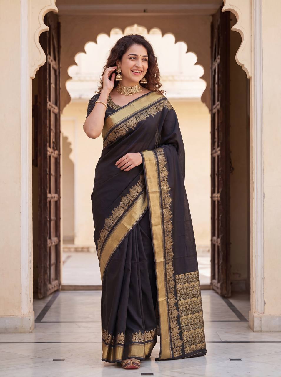 Black Traditional Lichi Silk Saree