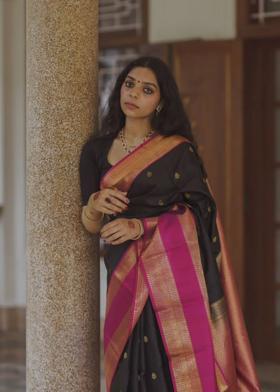 Black Traditional Lichi Silk Saree