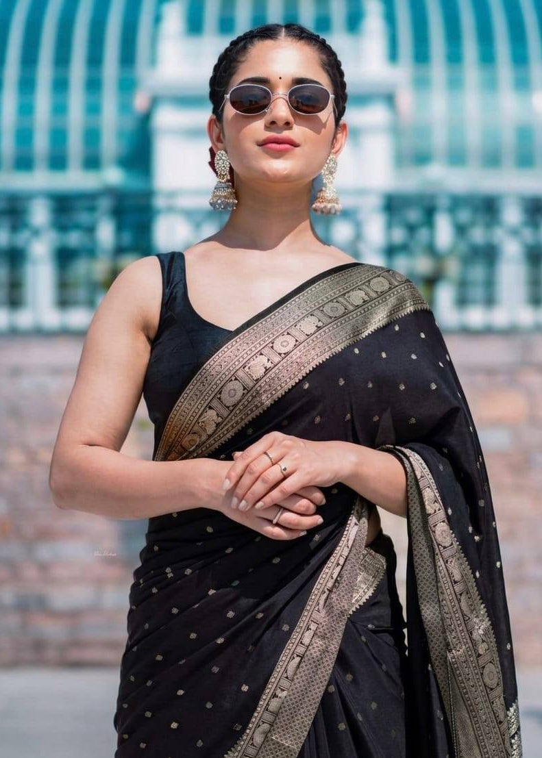 Black Traditional Lichi Silk Saree