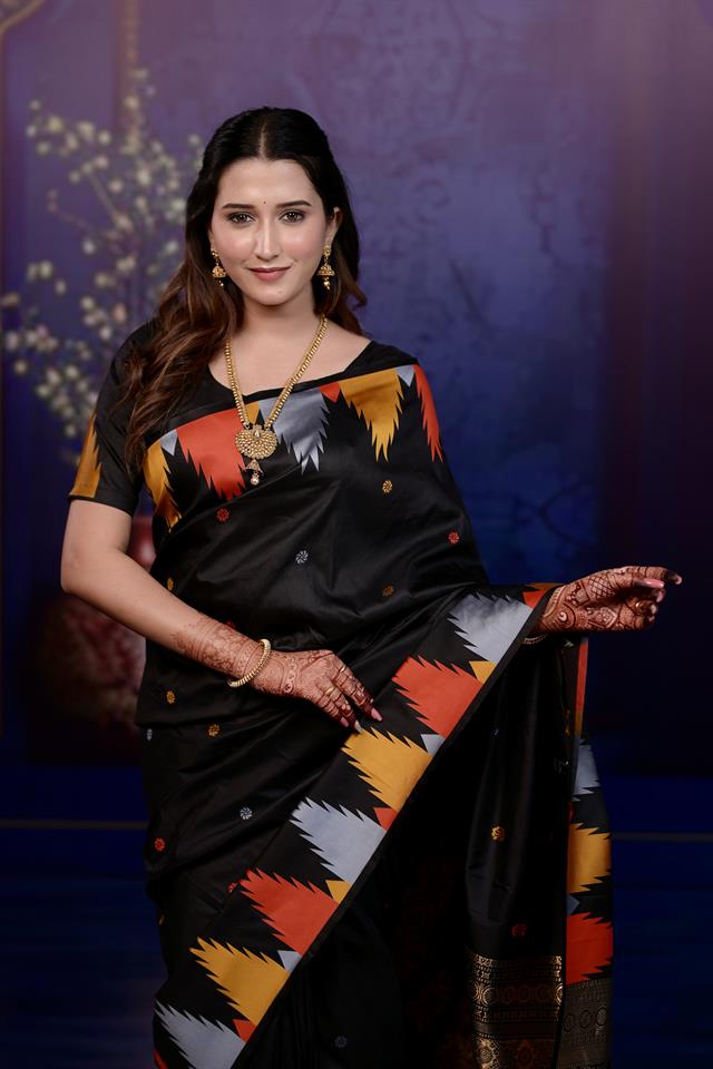 Black Triangle Weave Soft Silk Saree