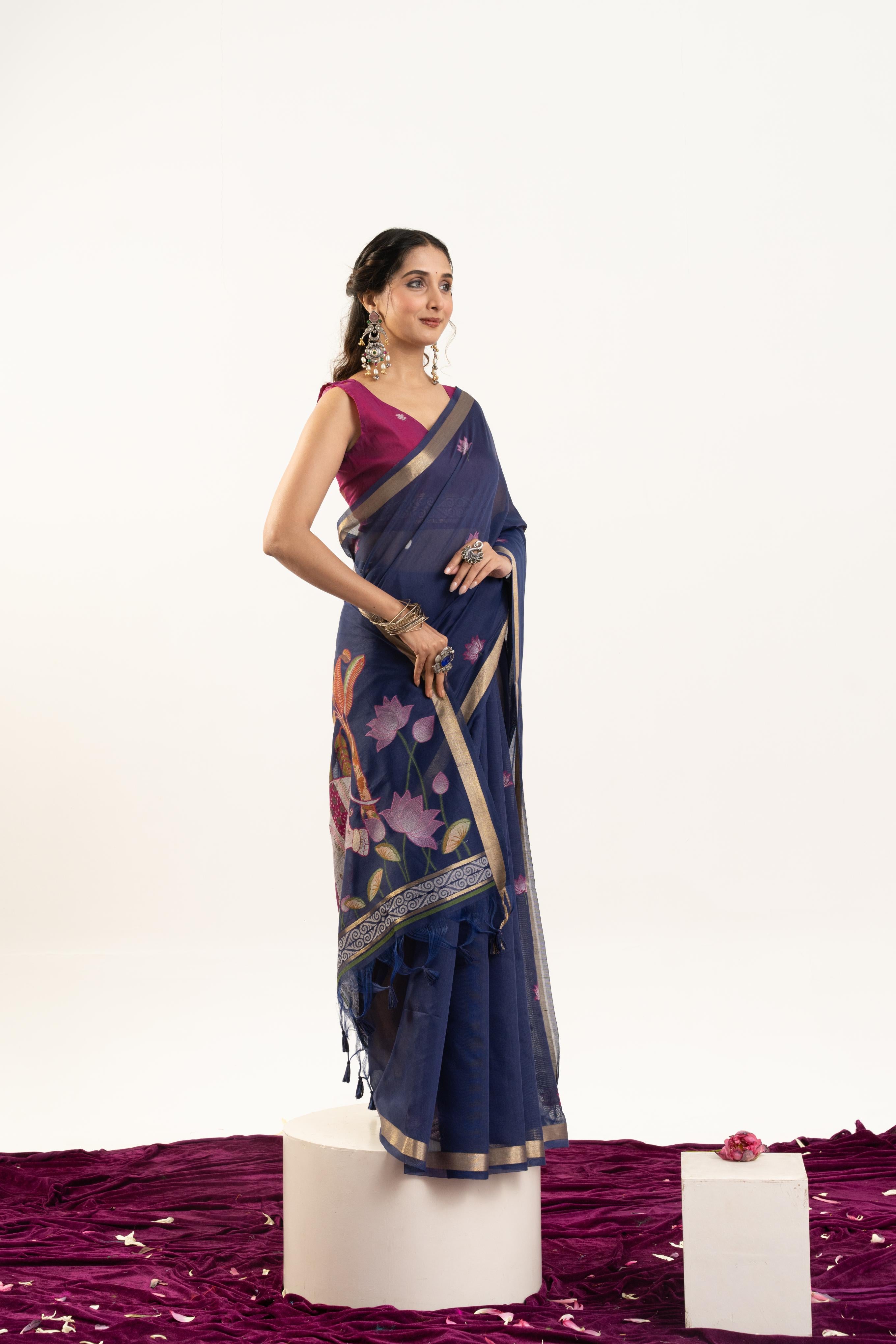 Blue Designer Muga Cotton Saree