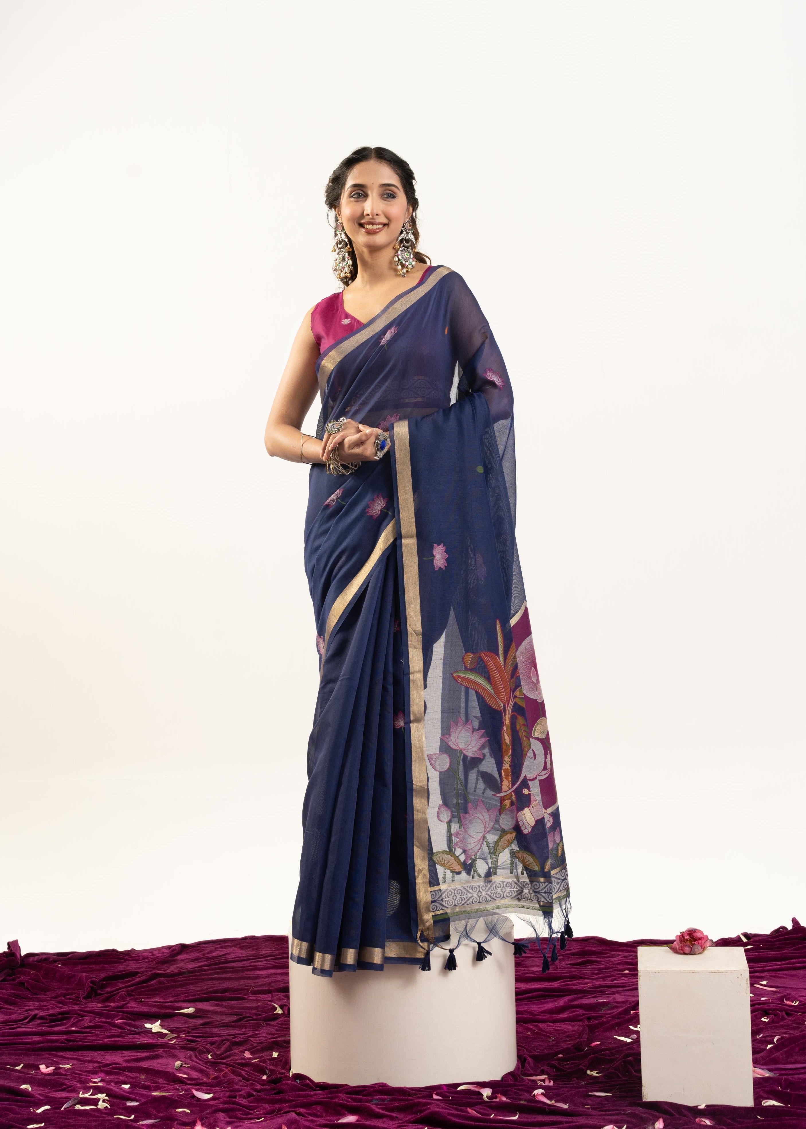 Blue Designer Muga Cotton Saree