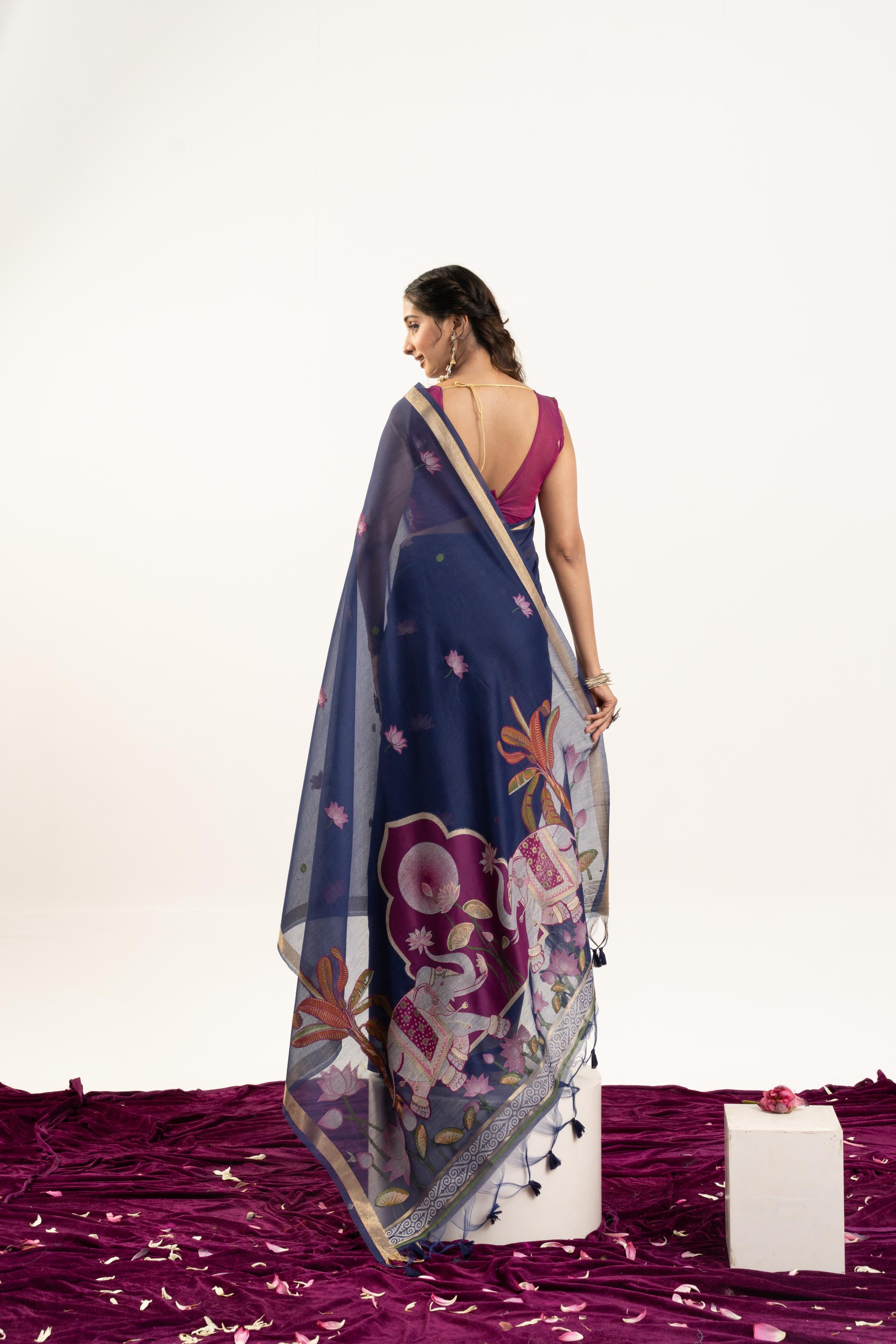 Blue Designer Muga Cotton Saree