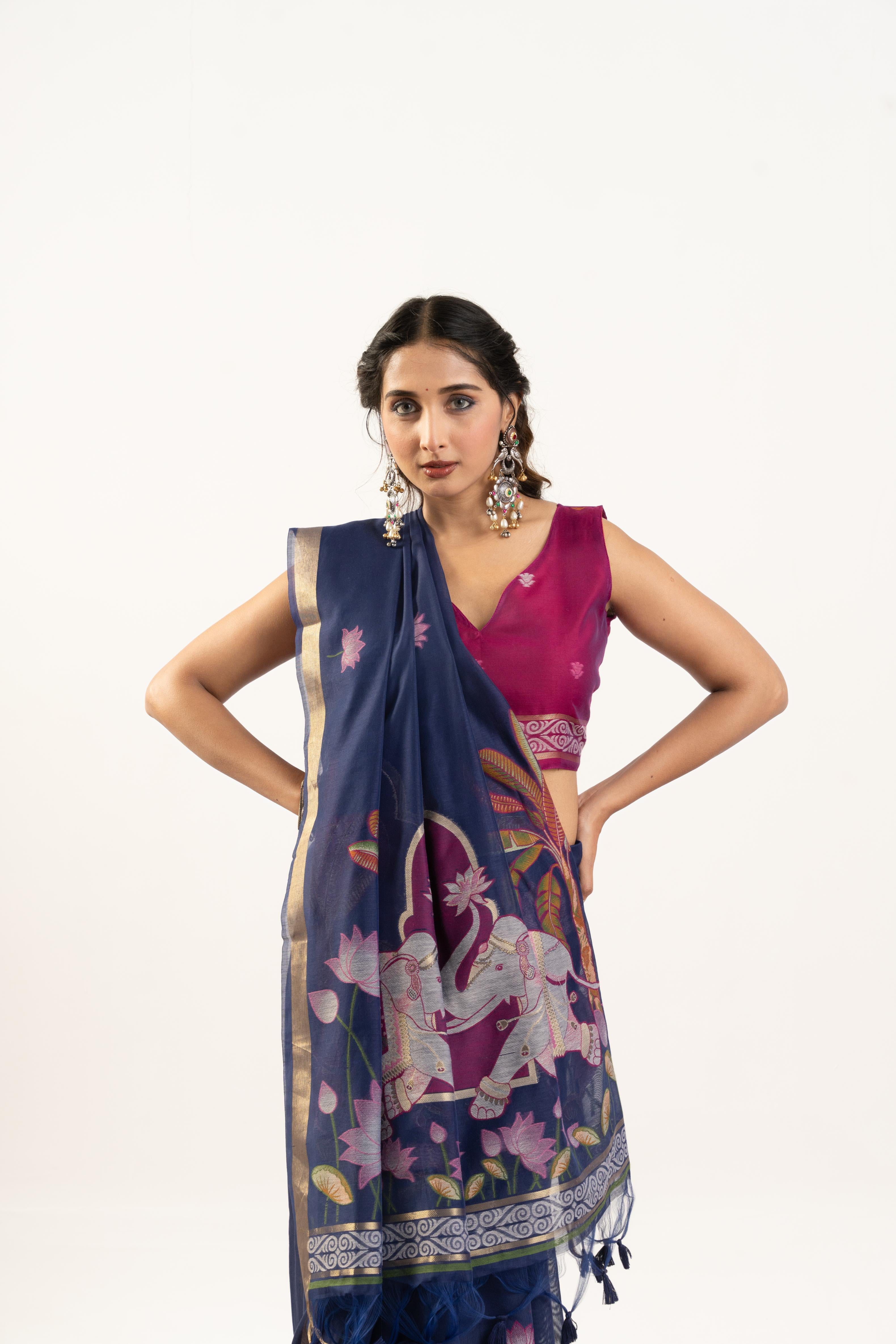Blue Designer Muga Cotton Saree