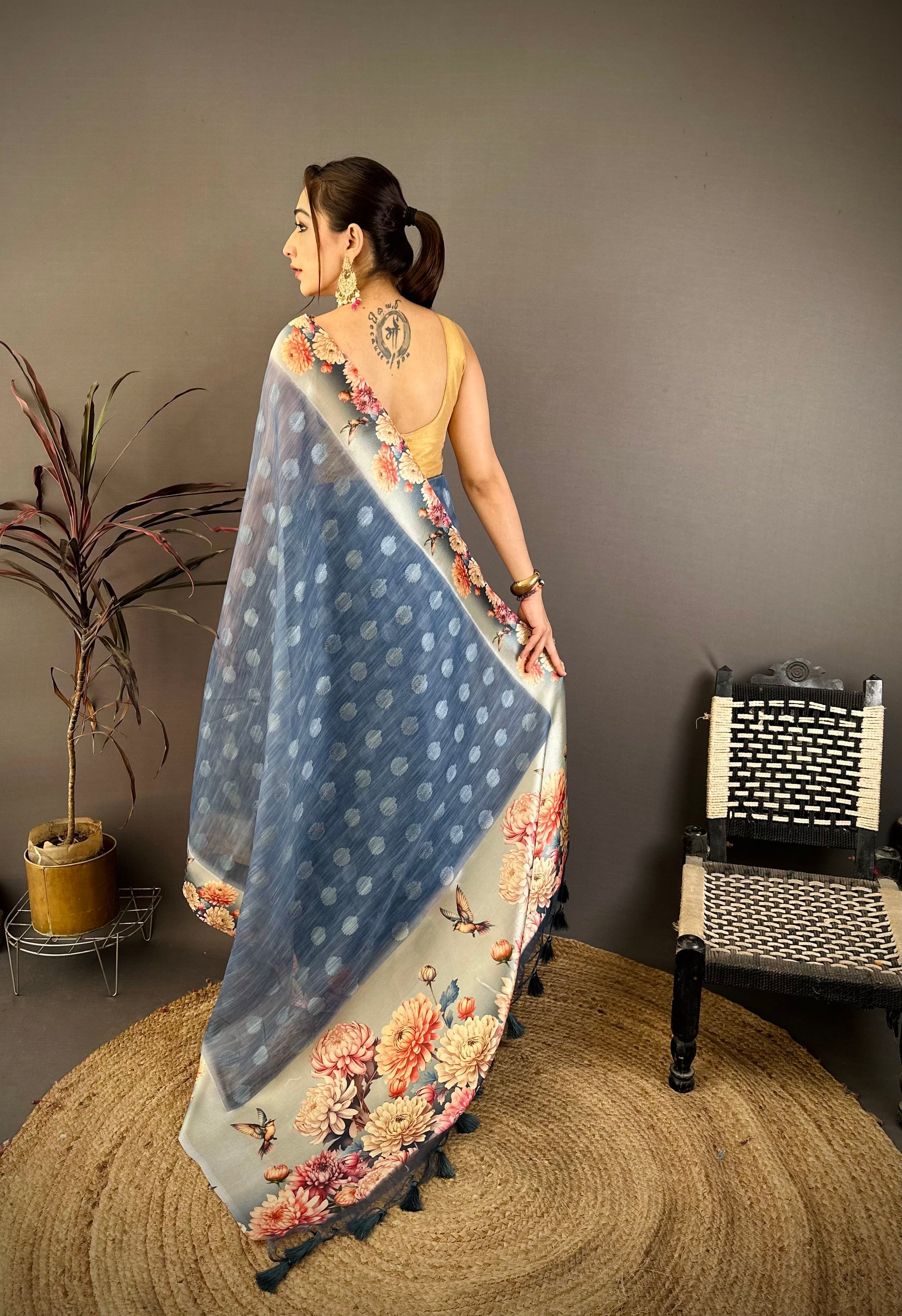 Blue Gray Designer Cotton Saree
