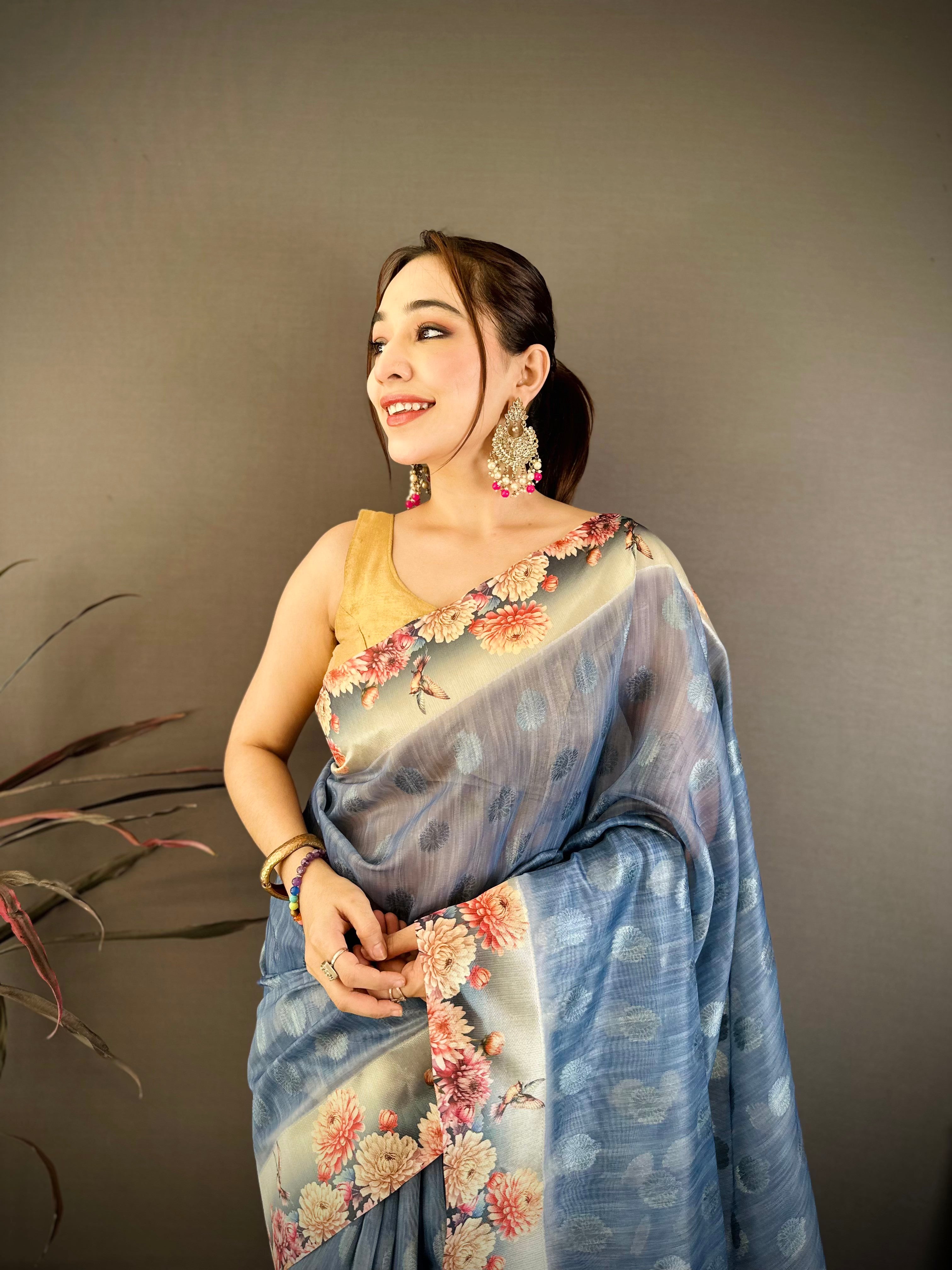 Blue Gray Designer Cotton Saree