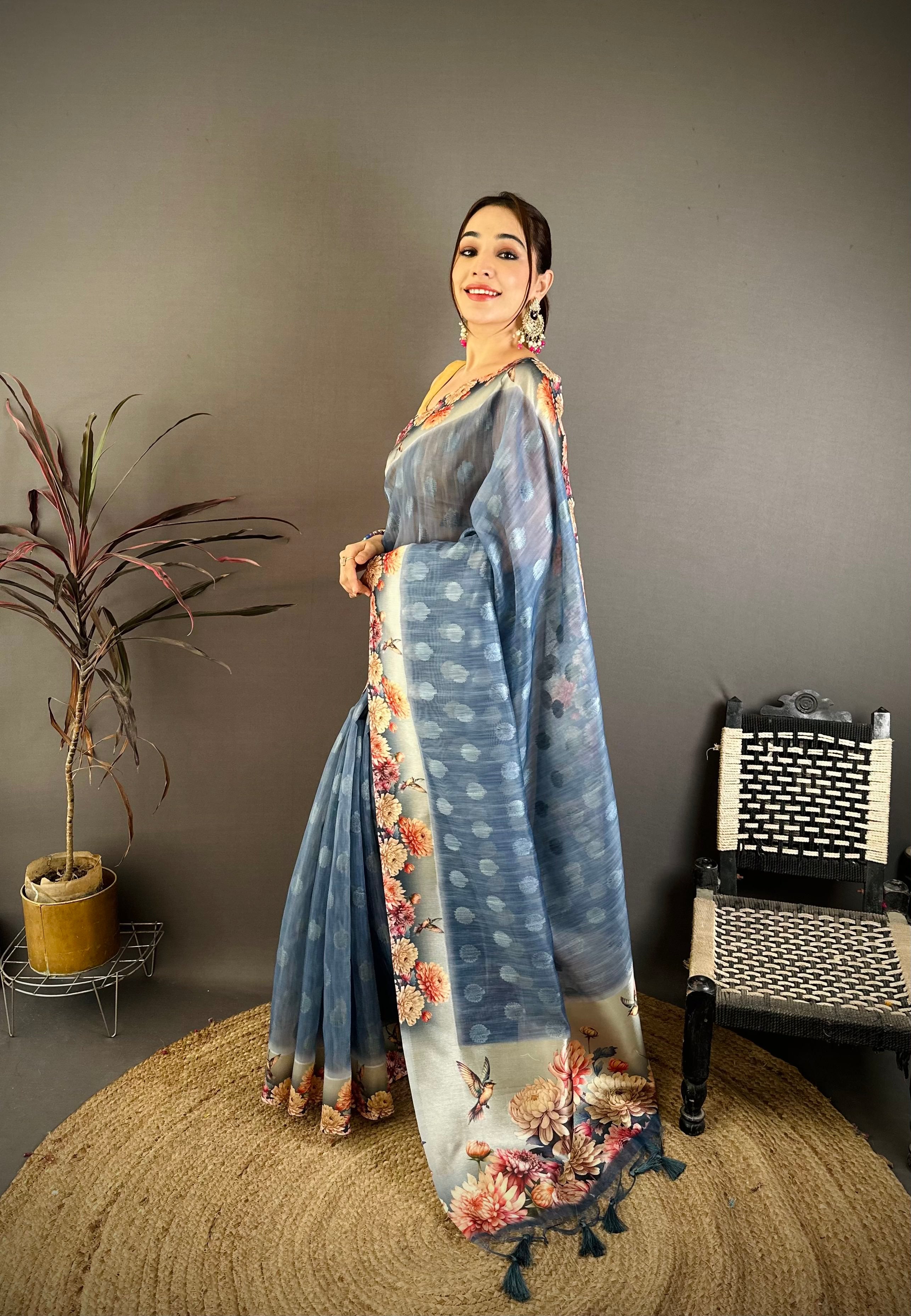 Blue Gray Designer Cotton Saree