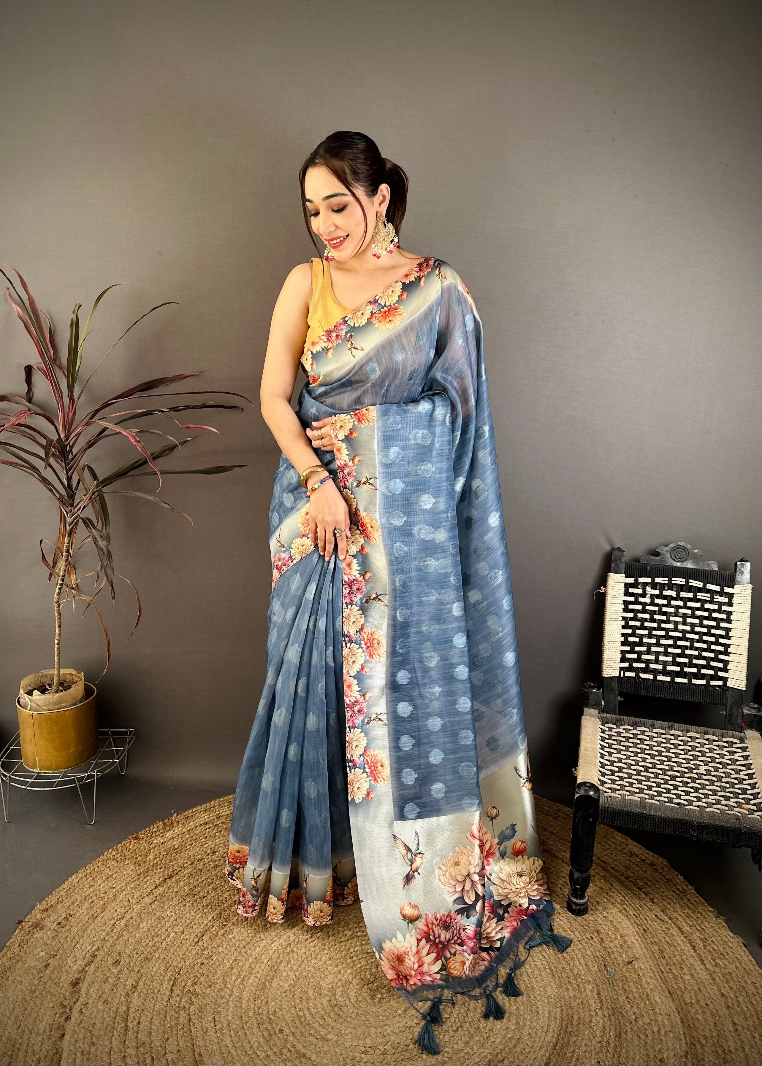 Blue Gray Designer Cotton Saree