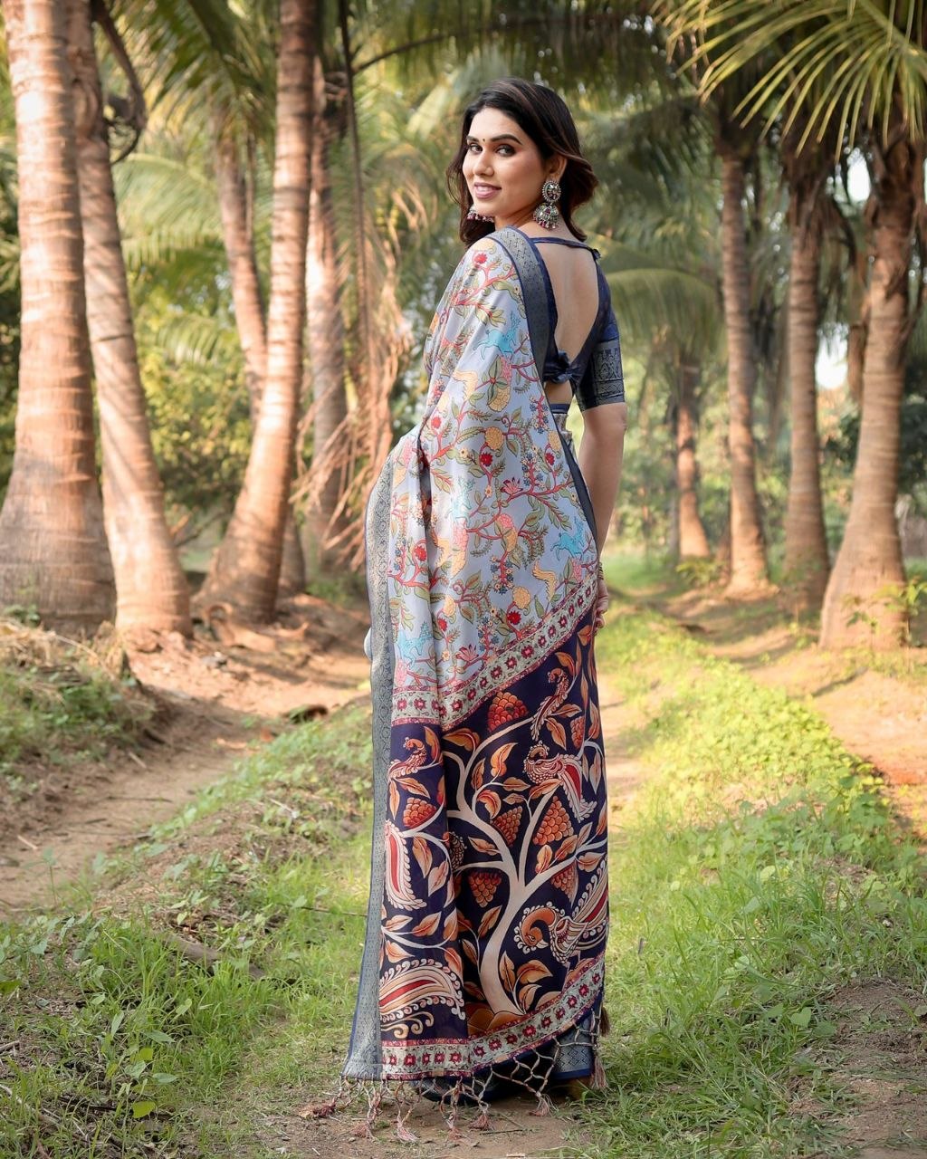 Blue Kalamkari Printed Tussar Silk Saree