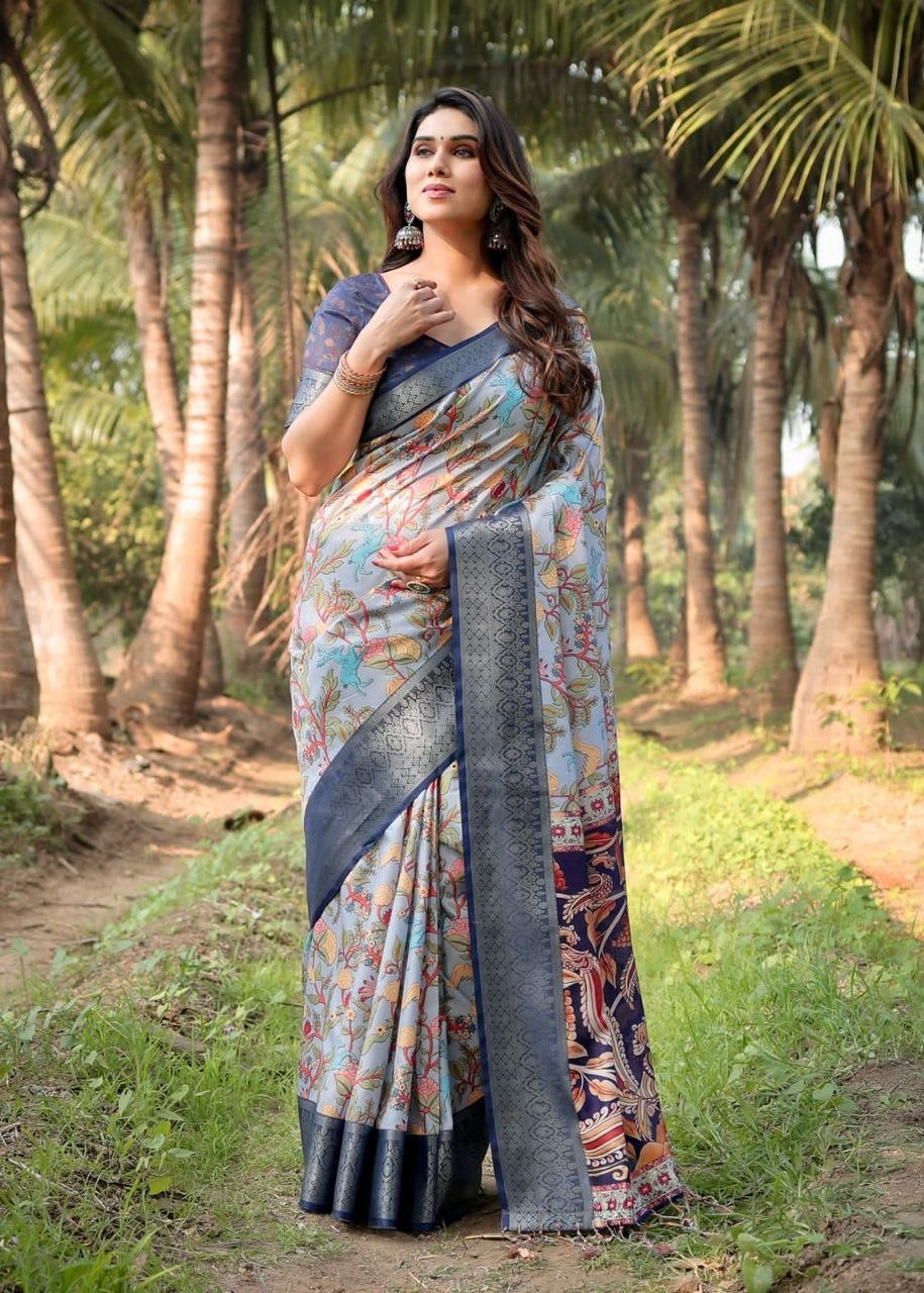 Blue Kalamkari Printed Tussar Silk Saree