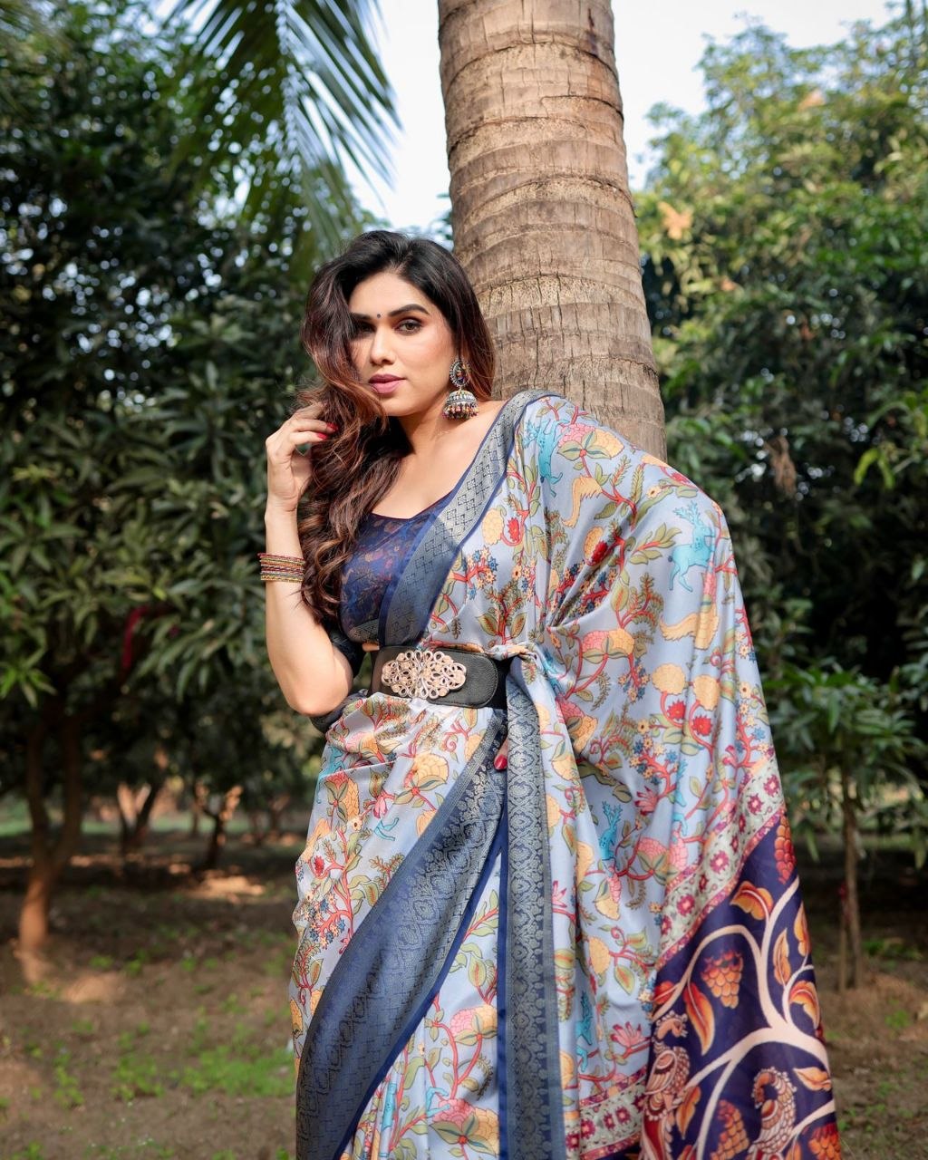 Blue Kalamkari Printed Tussar Silk Saree