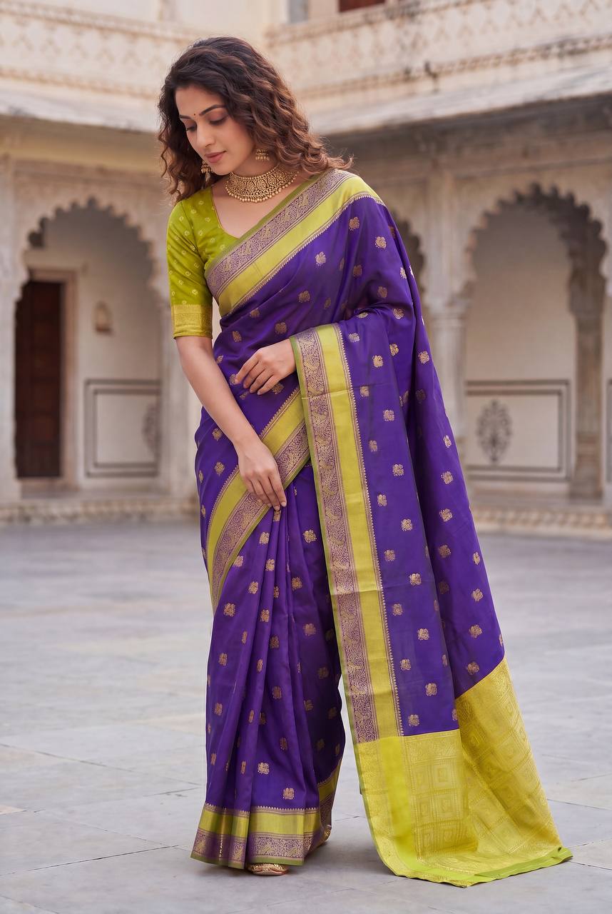 Blue Purple Traditional Lichi Silk Saree