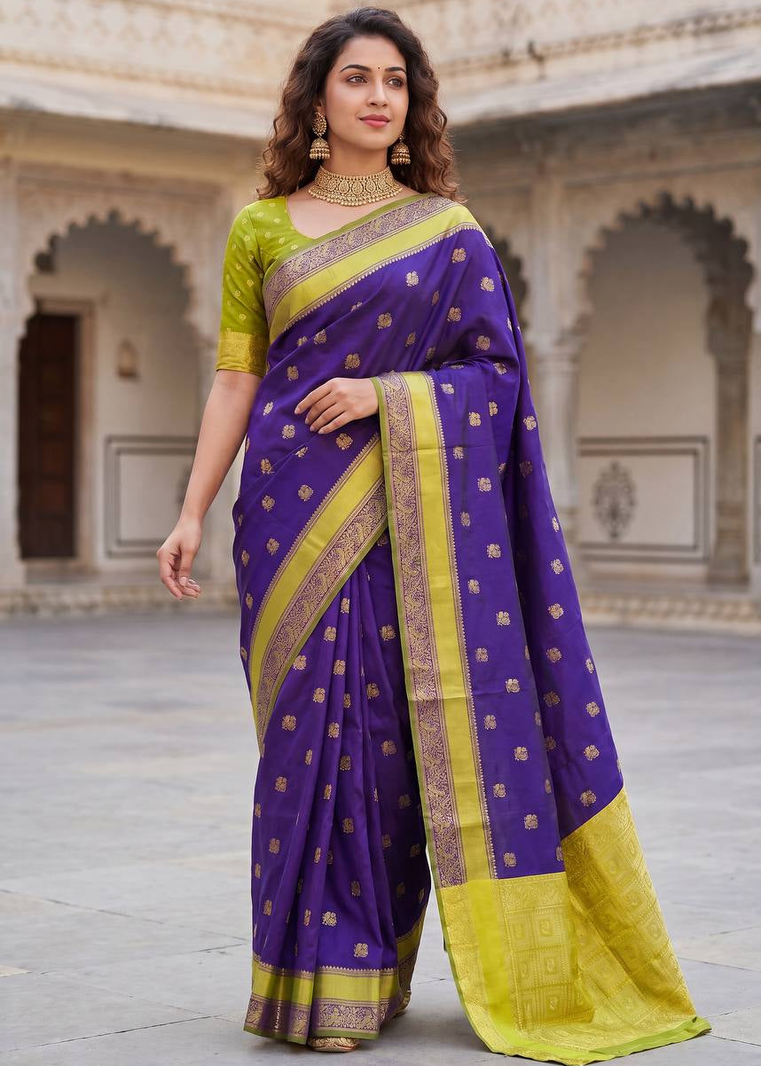 Blue Purple Traditional Lichi Silk Saree