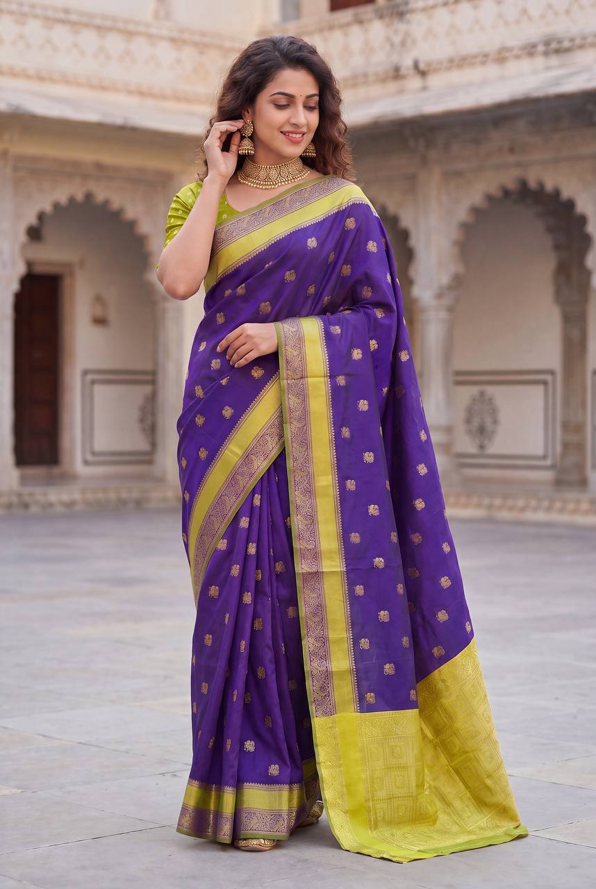 Blue Purple Traditional Lichi Silk Saree