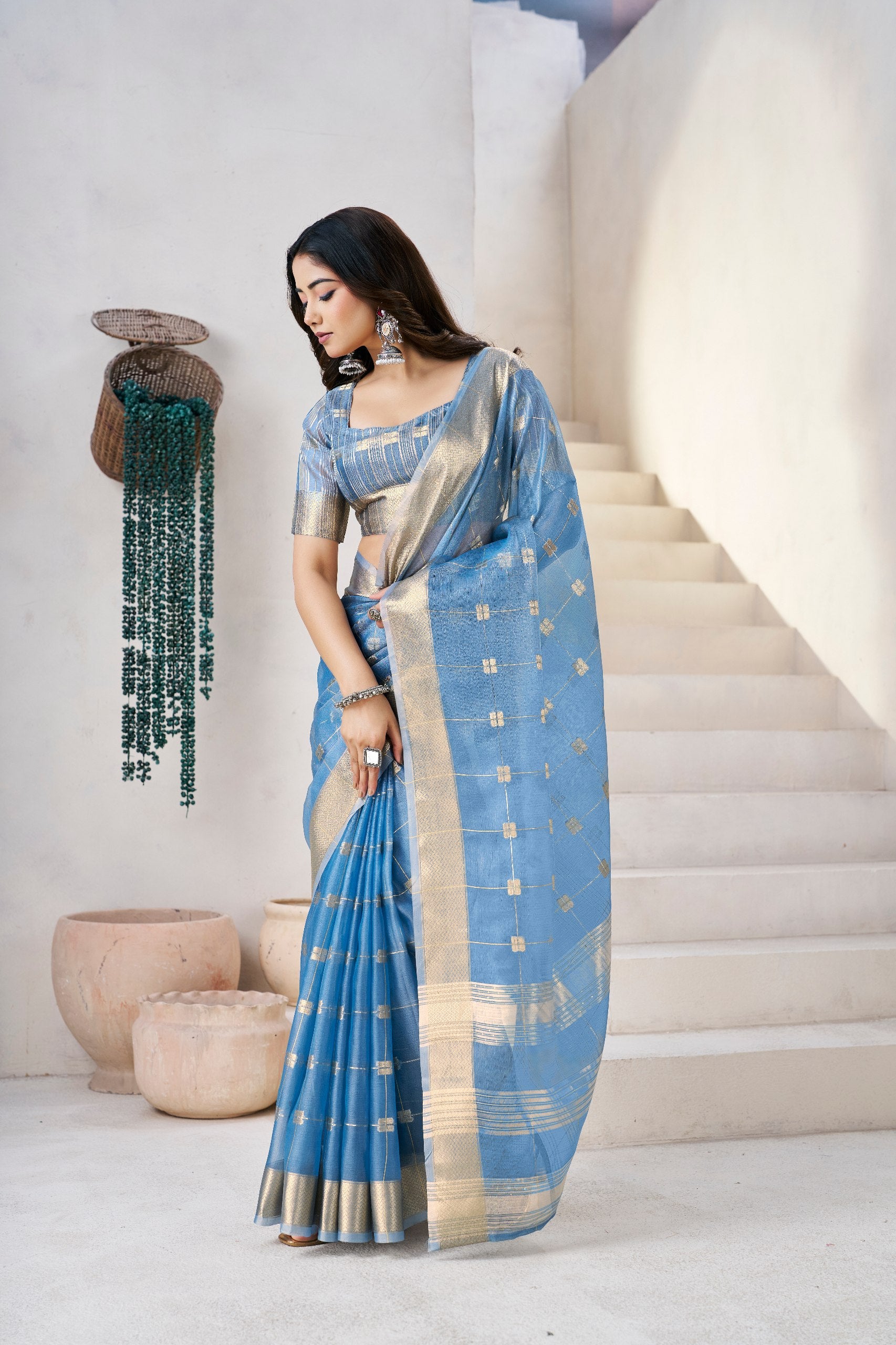 Blue Soft Linen Cotton Silk Saree