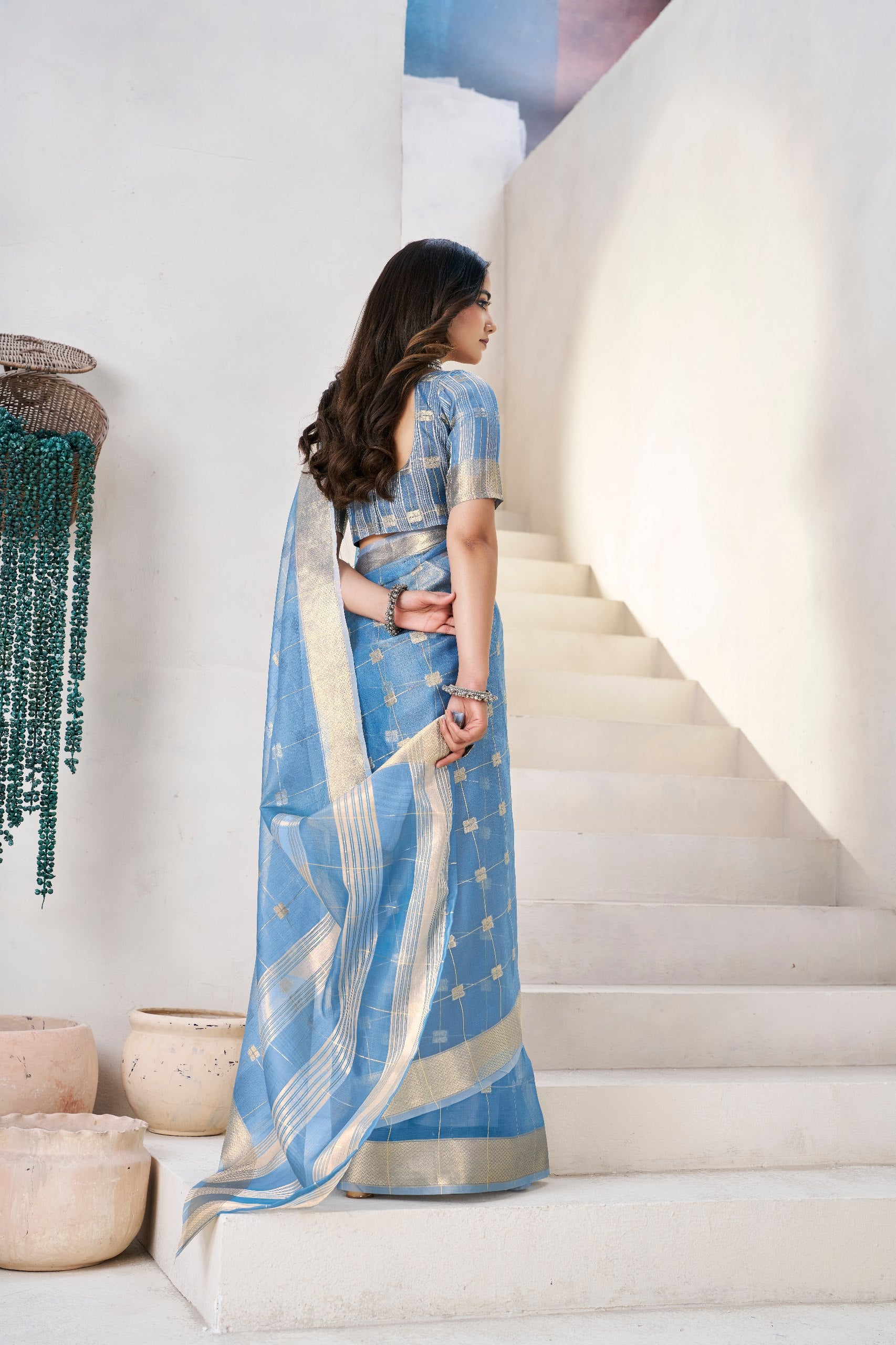 Blue Soft Linen Cotton Silk Saree