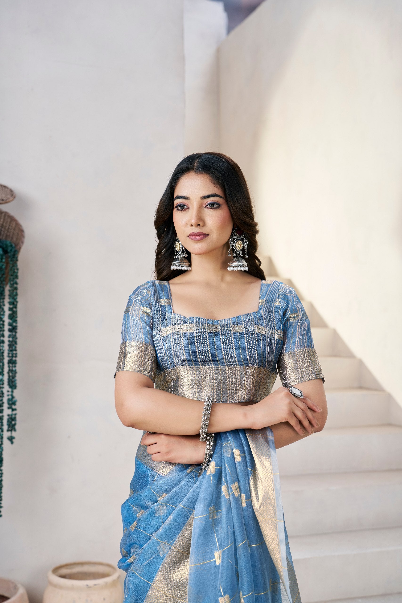 Blue Soft Linen Cotton Silk Saree