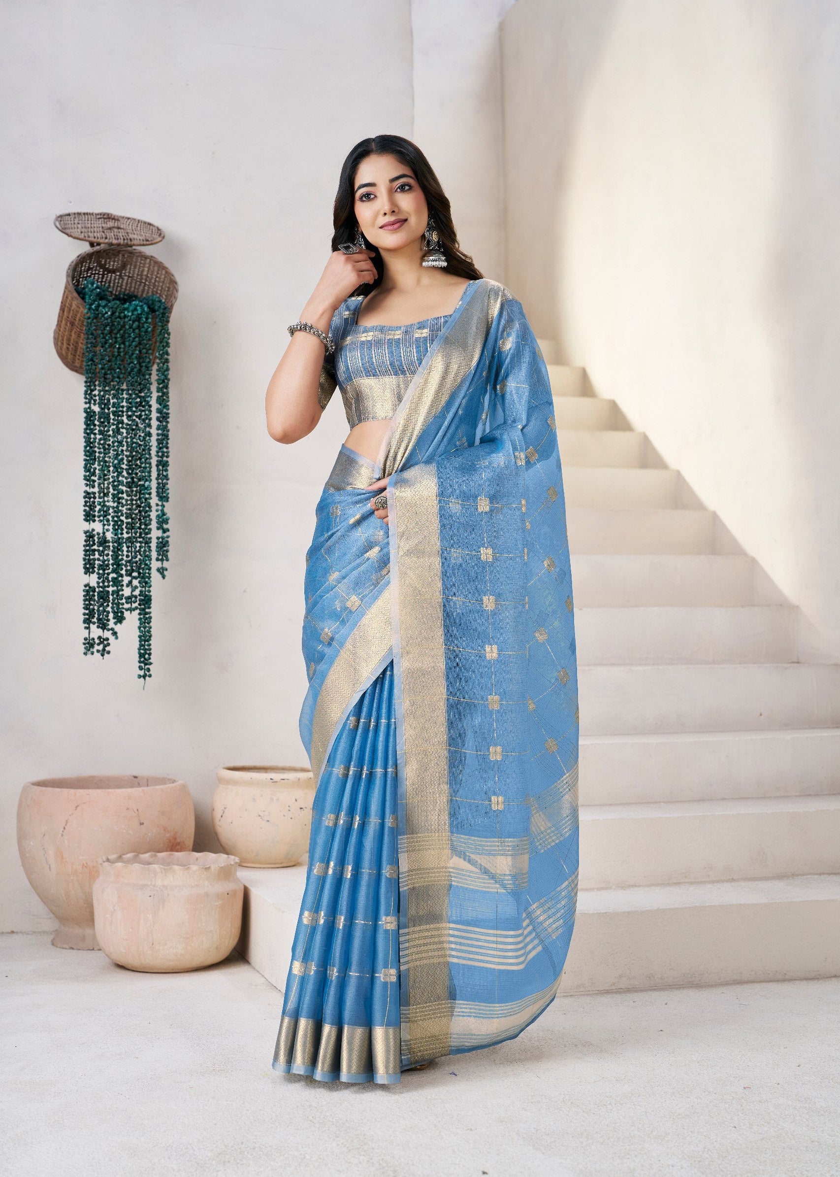 Blue Soft Linen Cotton Silk Saree