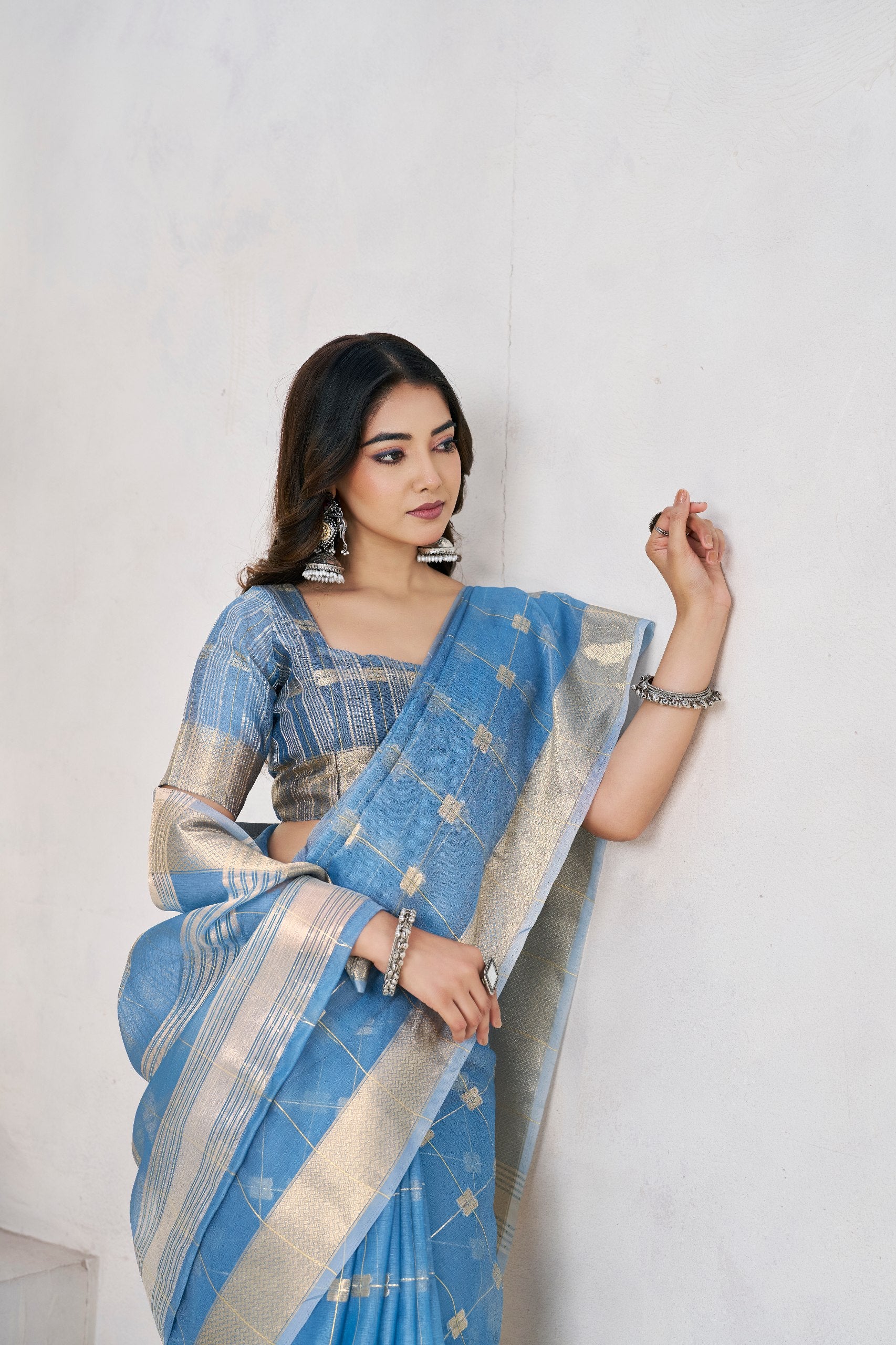 Blue Soft Linen Cotton Silk Saree