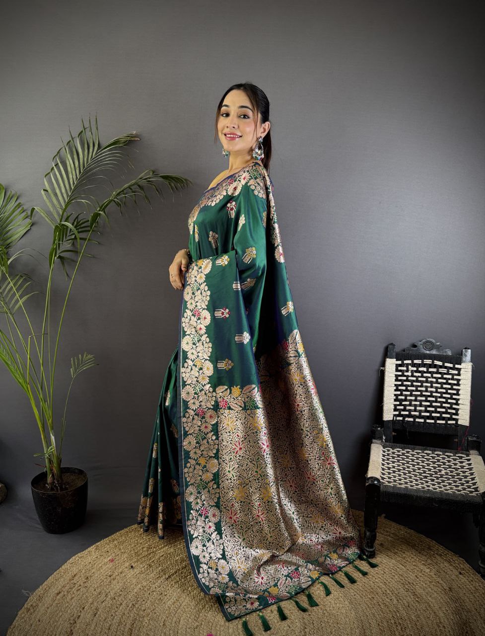 Bluish Green Wedding Wear Soft Banarasi Silk Saree