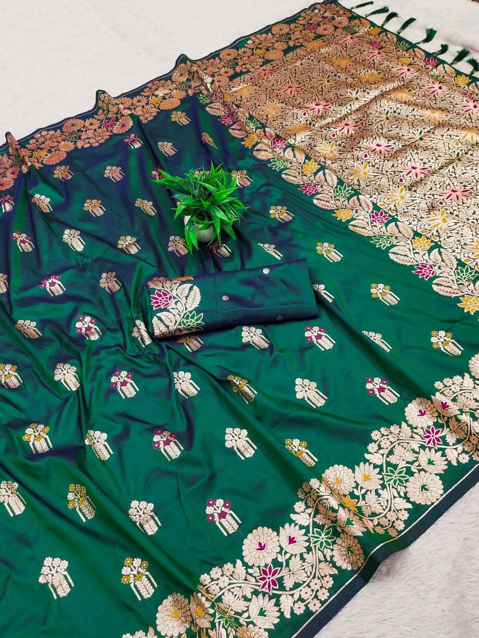 Bluish Green Wedding Wear Soft Banarasi Silk Saree