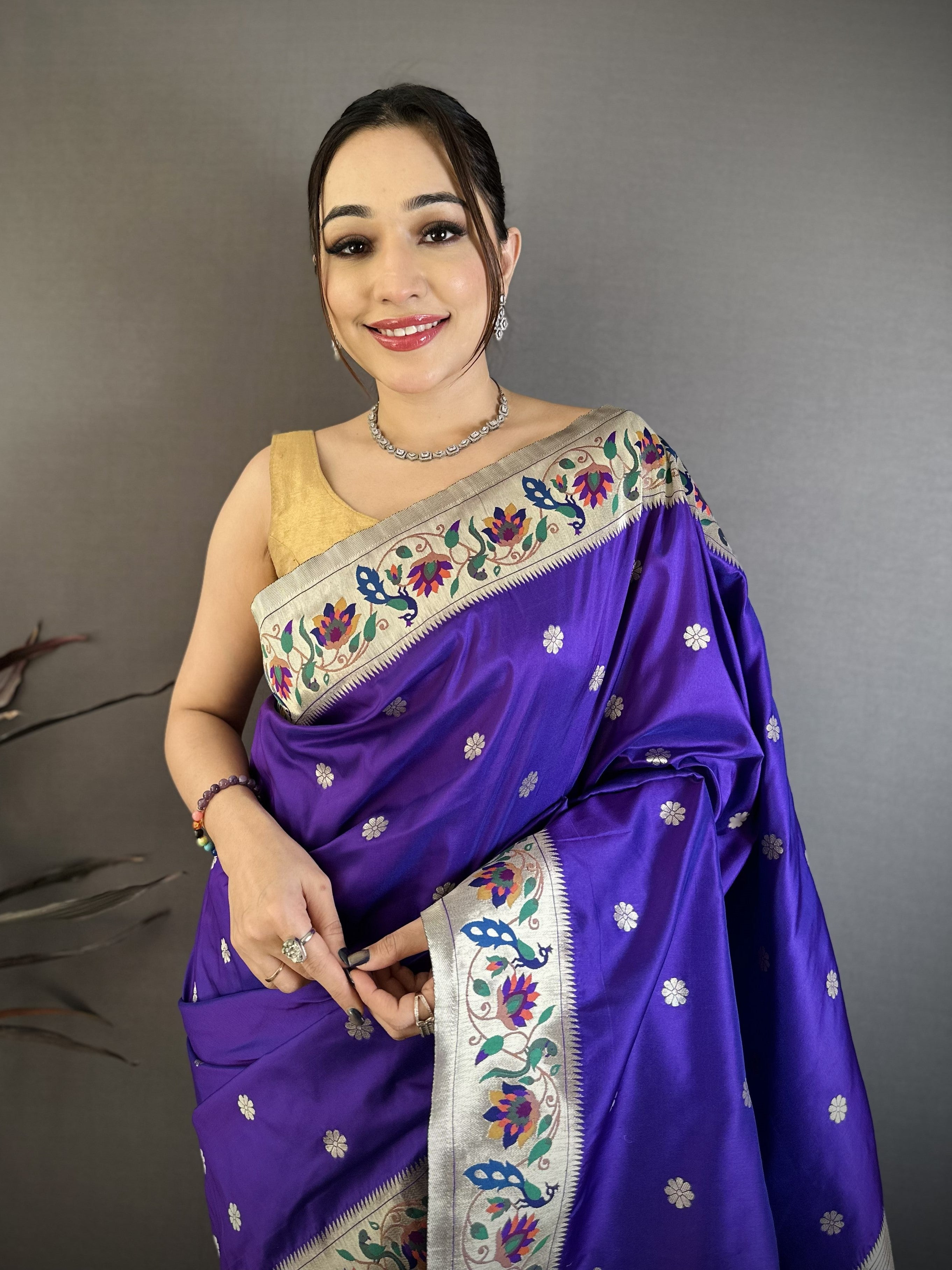Bluish Purple Silk Weaving Paithani Silk Saree