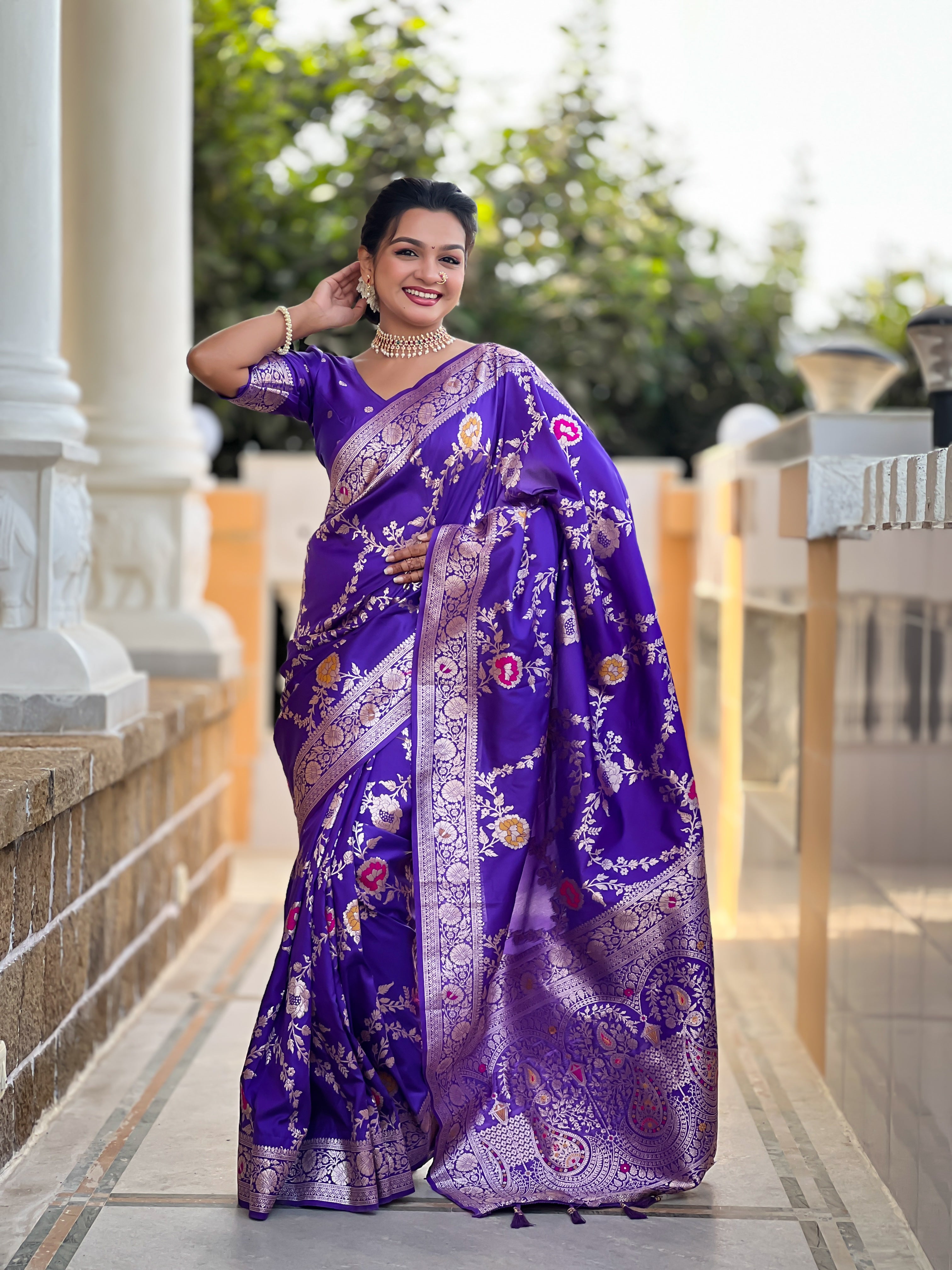 Bluish Purple Wedding Wear Soft Banarasi Silk Saree