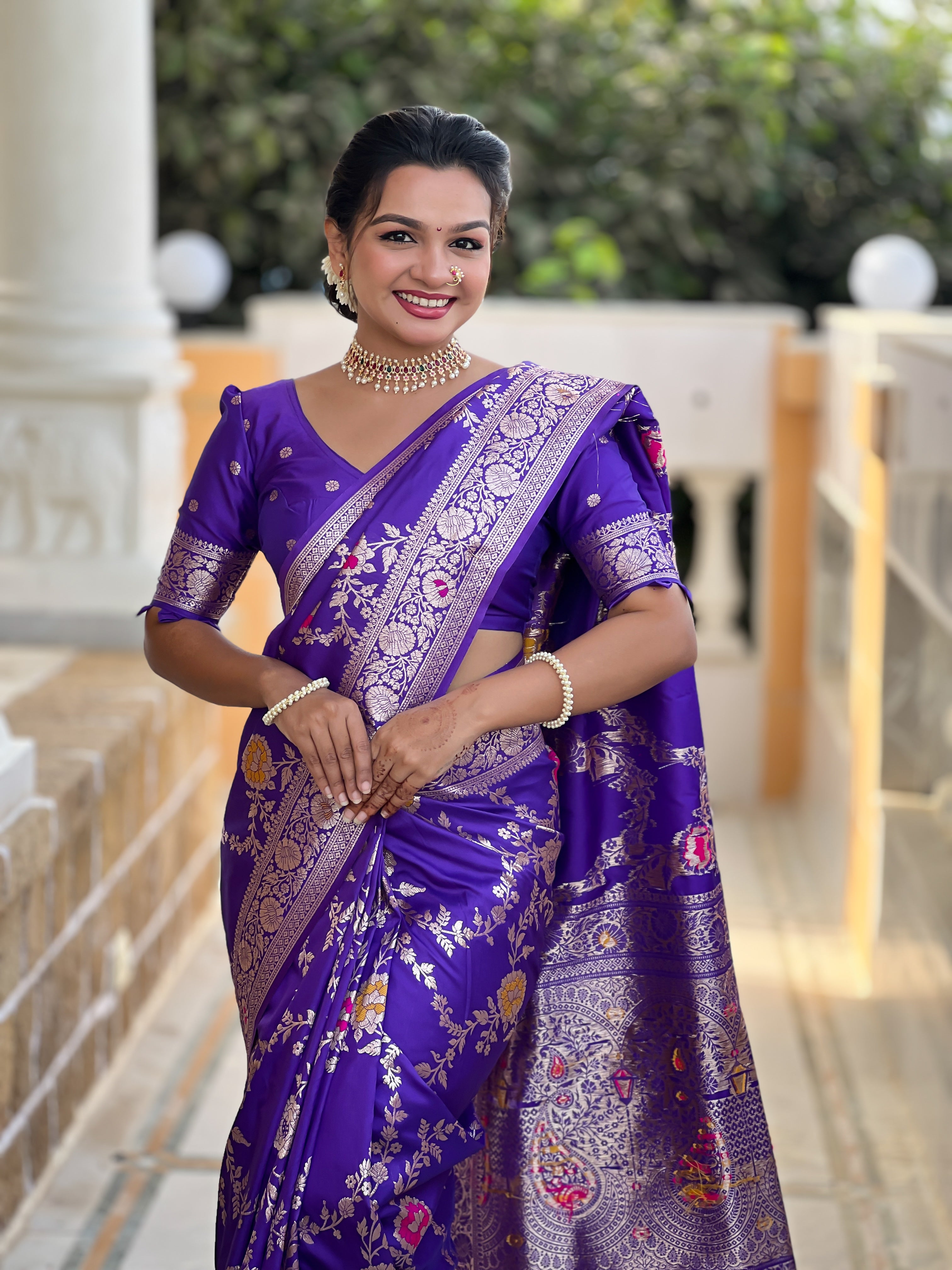Bluish Purple Wedding Wear Soft Banarasi Silk Saree