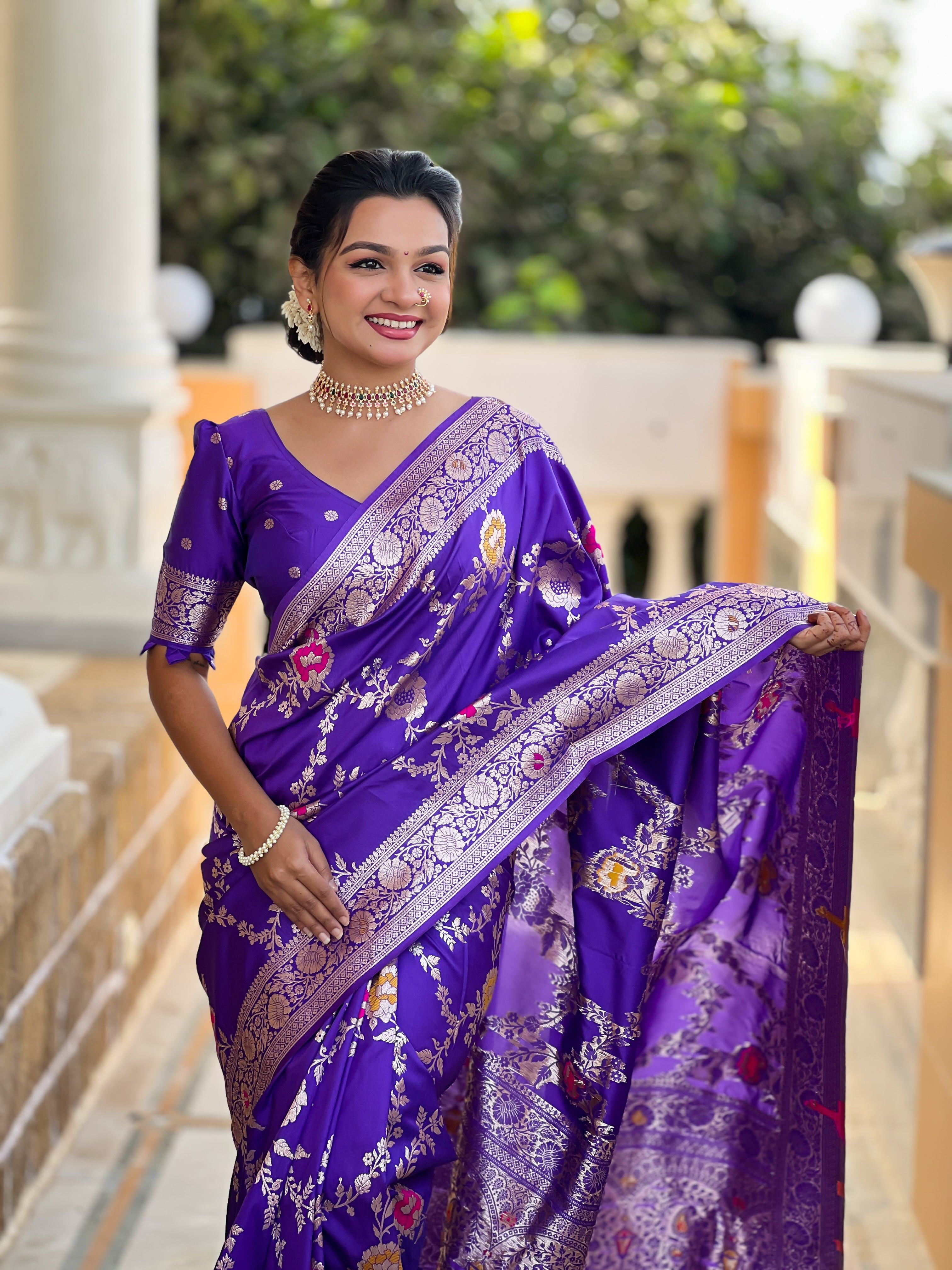 Bluish Purple Wedding Wear Soft Banarasi Silk Saree