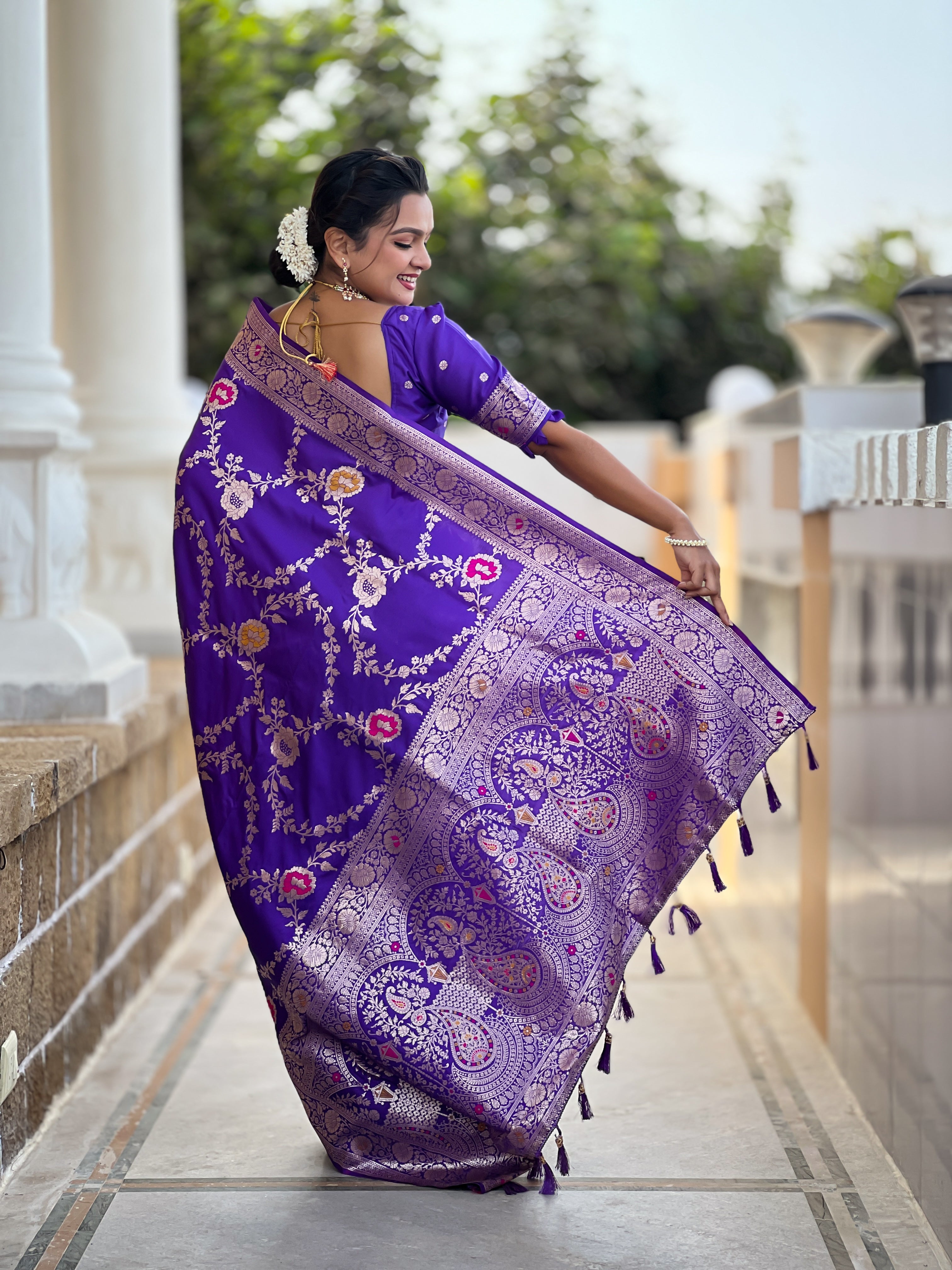 Bluish Purple Wedding Wear Soft Banarasi Silk Saree