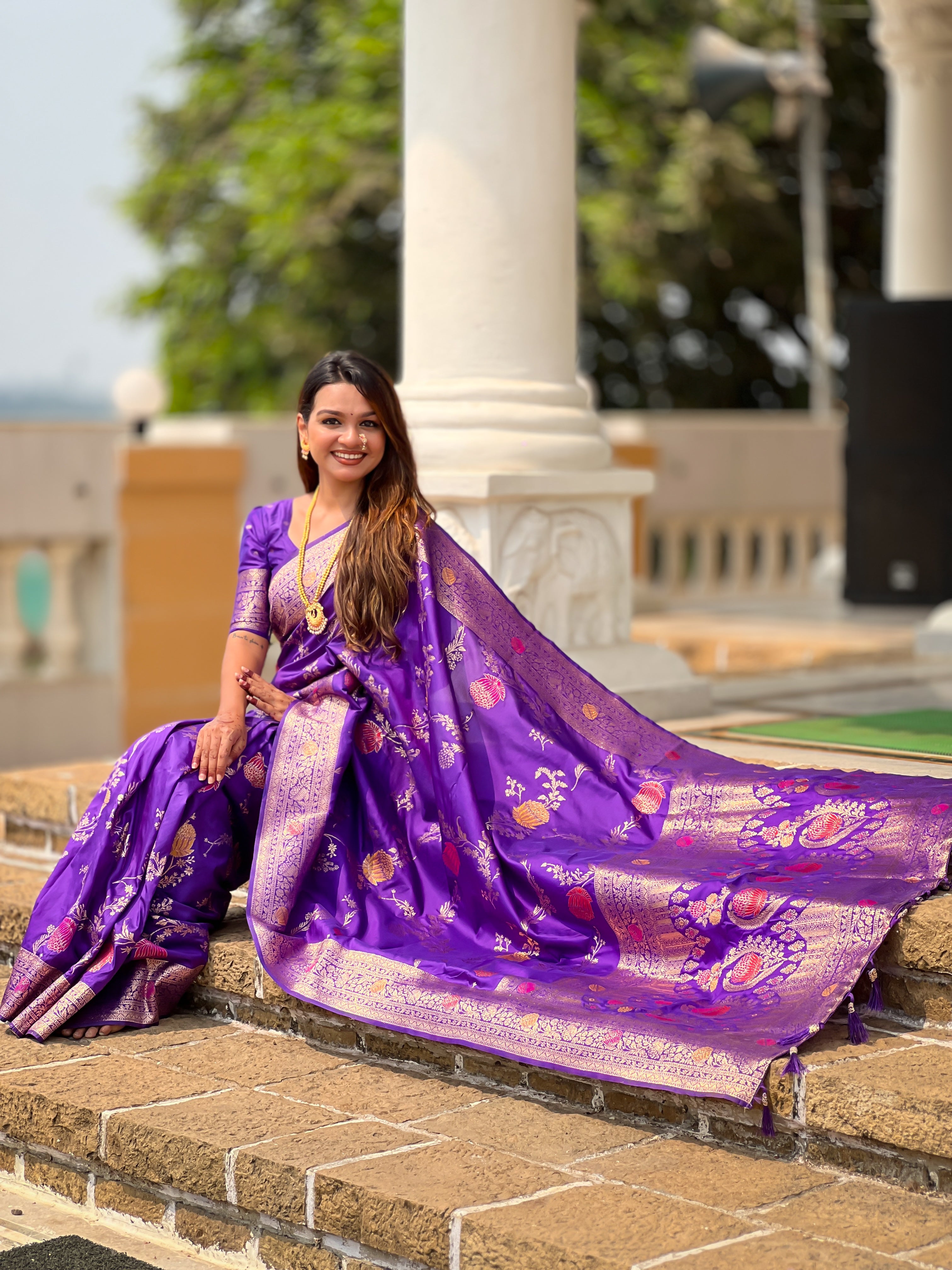 Bluish Purple Wedding Wear Soft Banarasi Silk Saree