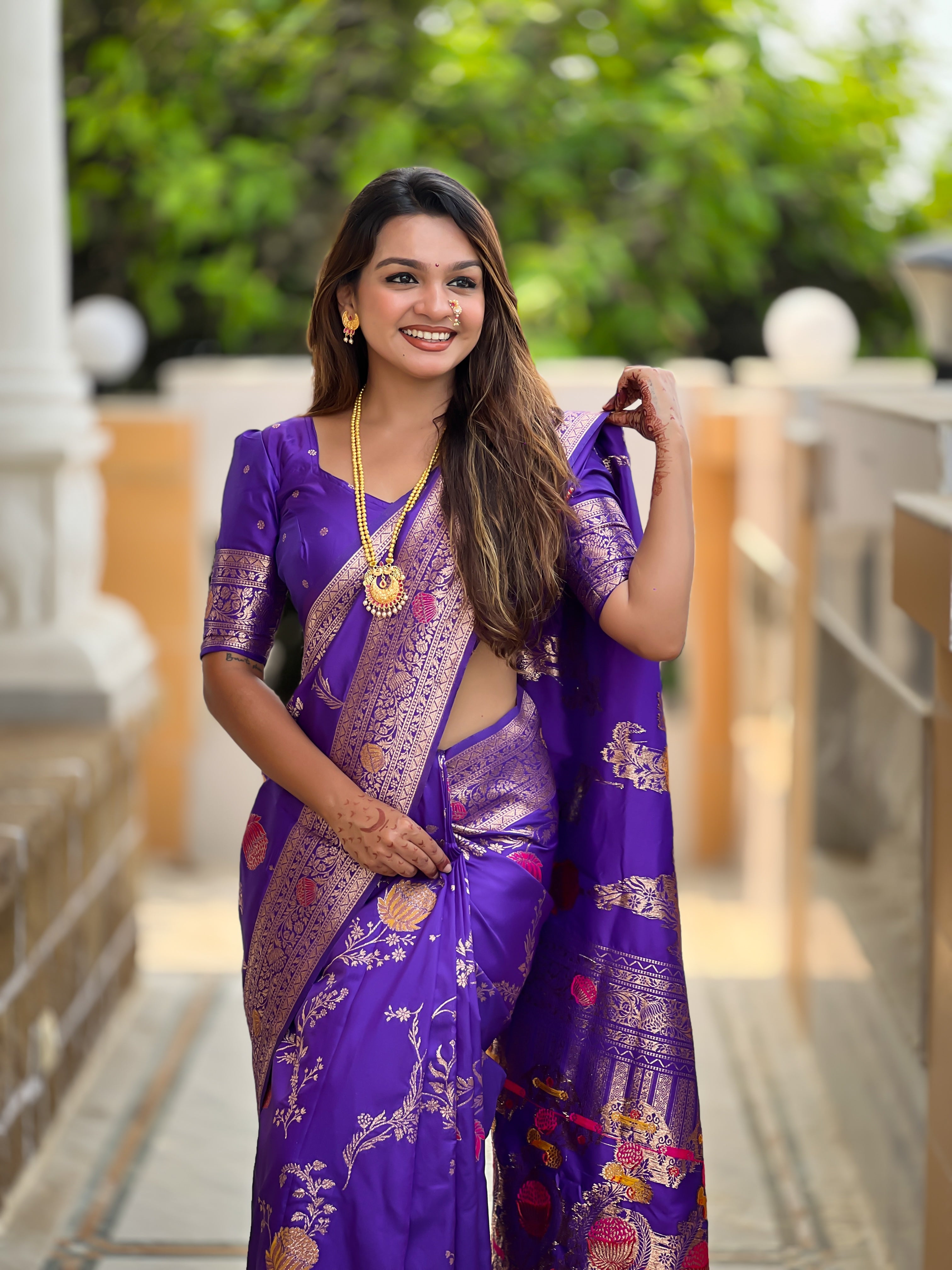 Bluish Purple Wedding Wear Soft Banarasi Silk Saree